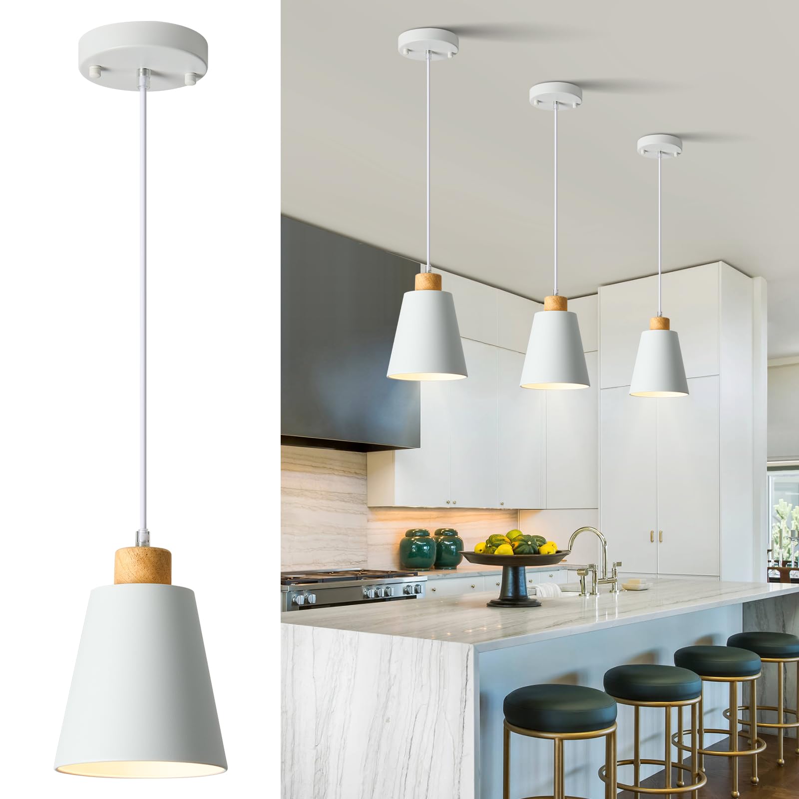 Lamknvs Mini Pendant Light Fixtures White Wood Pendant Lighting For Kitchen Island 7.87In Cone Modern Ceiling Hanging Lights Hollow Shade Nordic Island Light For Counter  Bar  Hallway