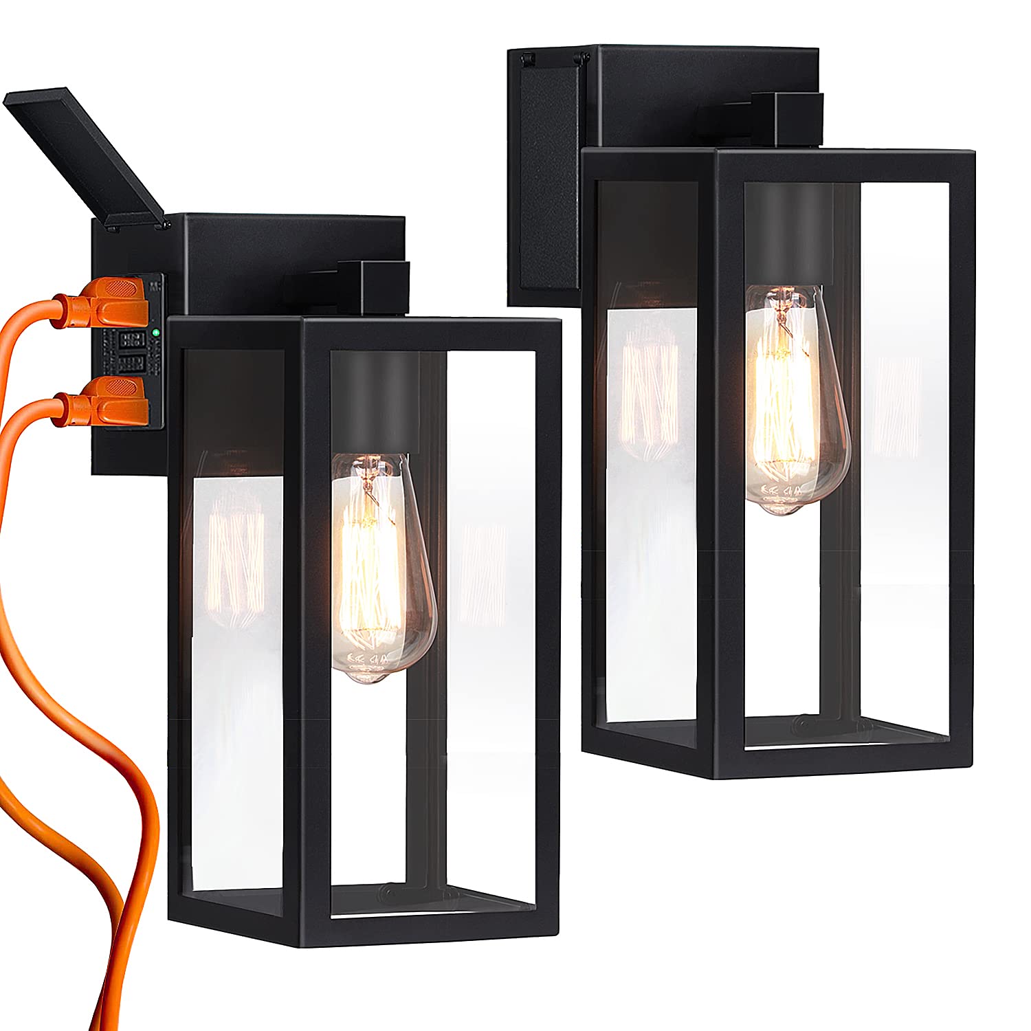 Outdoor Lights With Gfci Outlet, Wall Lantern Porch Light Fixtures Exterior Waterproof Wall Sconce, Clear Glass, Black Wall Ligh