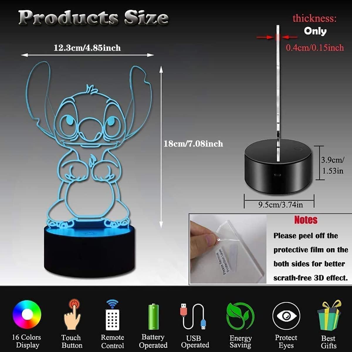 LOUHH 3D Night Light - 16 Color LED Lamp, Remote Control, Acrylic, Ideal for Children's Room Decor and Gifts