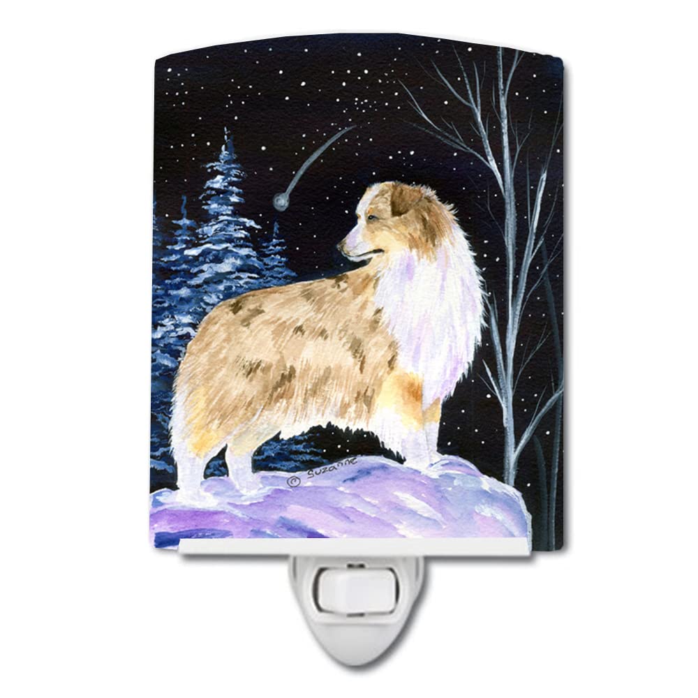 Caroline'S Treasures Ss8359Cnl Starry Night Australian Shepherd Ceramic Night Light Compact, Ul-Certified, Ideal For Bedroom, Bathroom, Nursery, Hallway, Kitchen, 6X4X3, Multicolor
