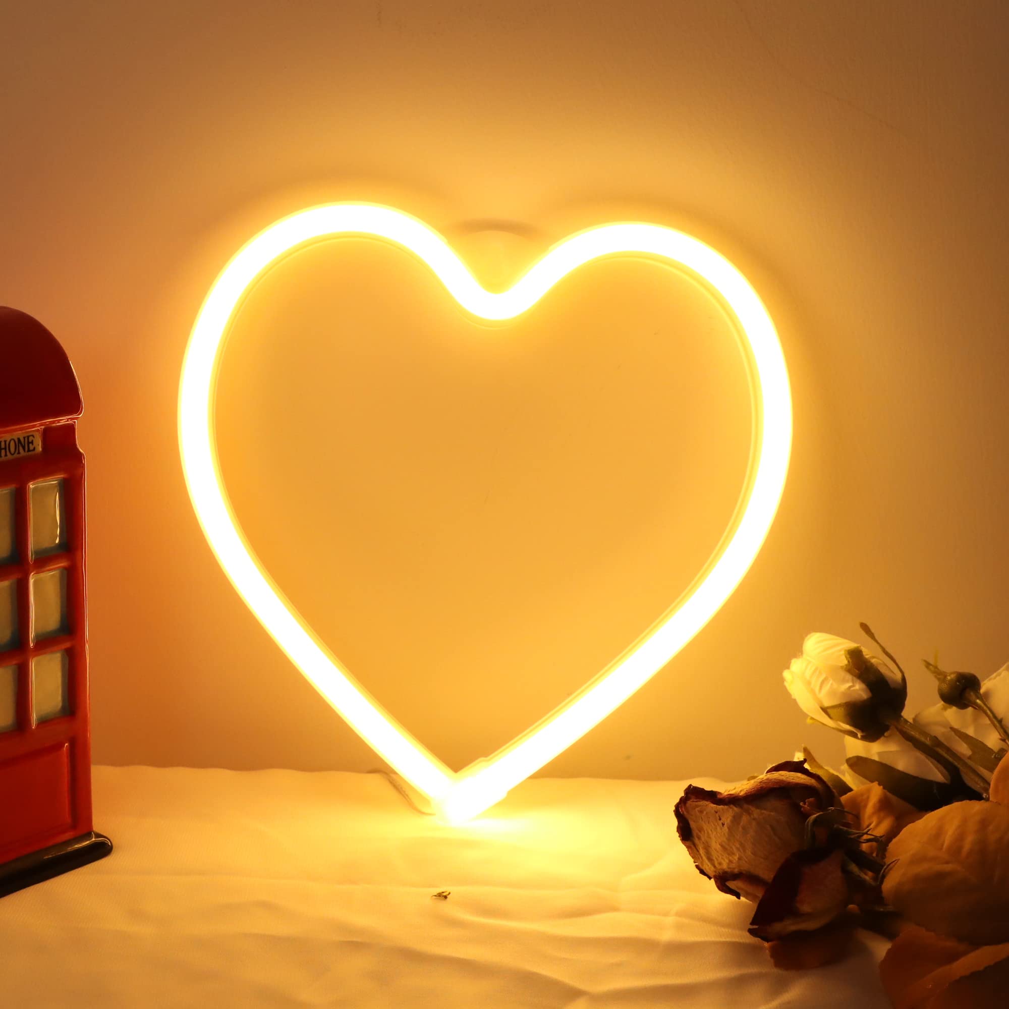 Love Heart Neon Sign Light,LED Neon Lamp with Warm Yellow Light Color Powered by USB Cable Sign Neon Night Light for Room Wall H