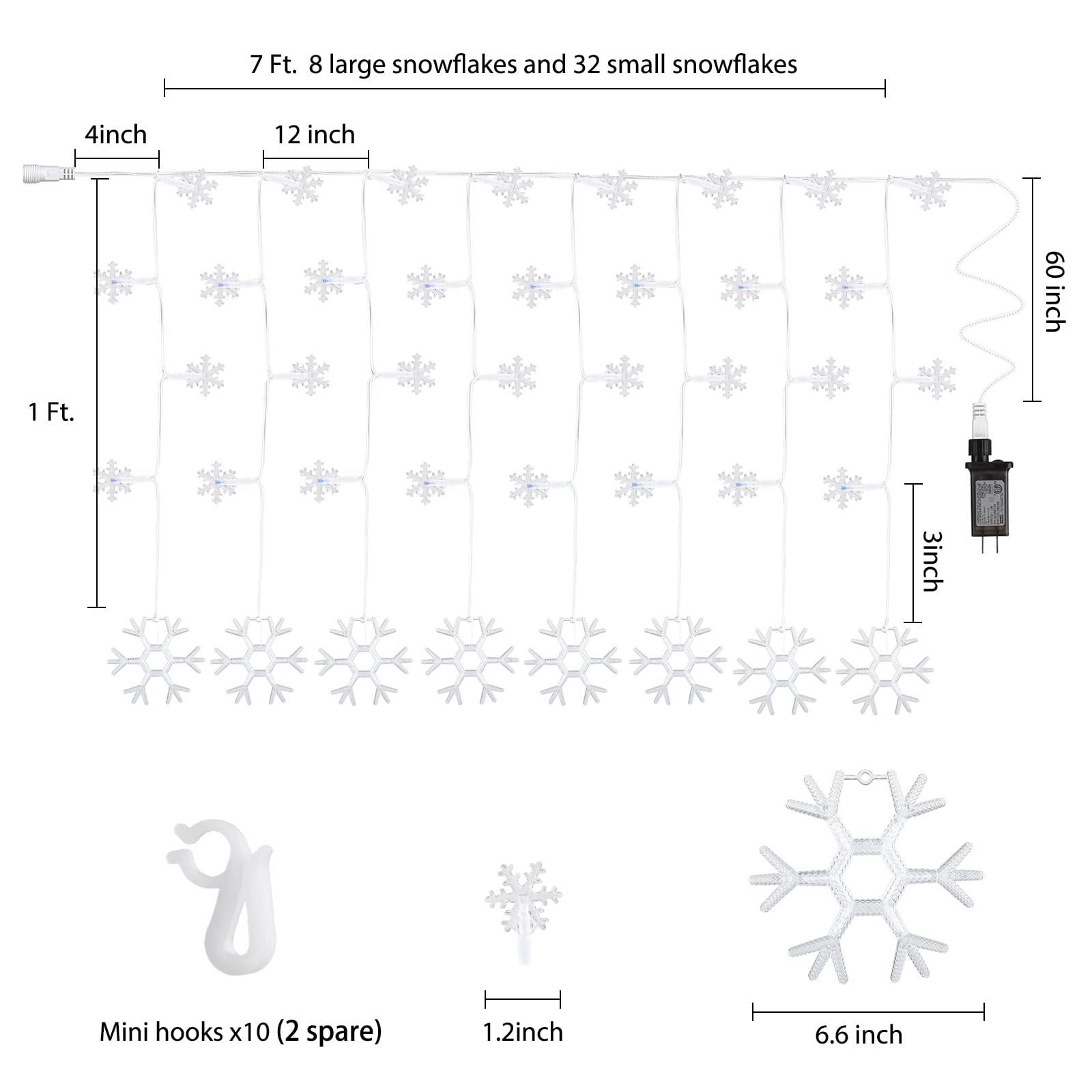 Minetom Christmas Snowflake Icicle Lights Outdoor - Plug-in 7ft 7 Drops 80LED Snowflake Lights, Connectable for Outdoor Porch Ea