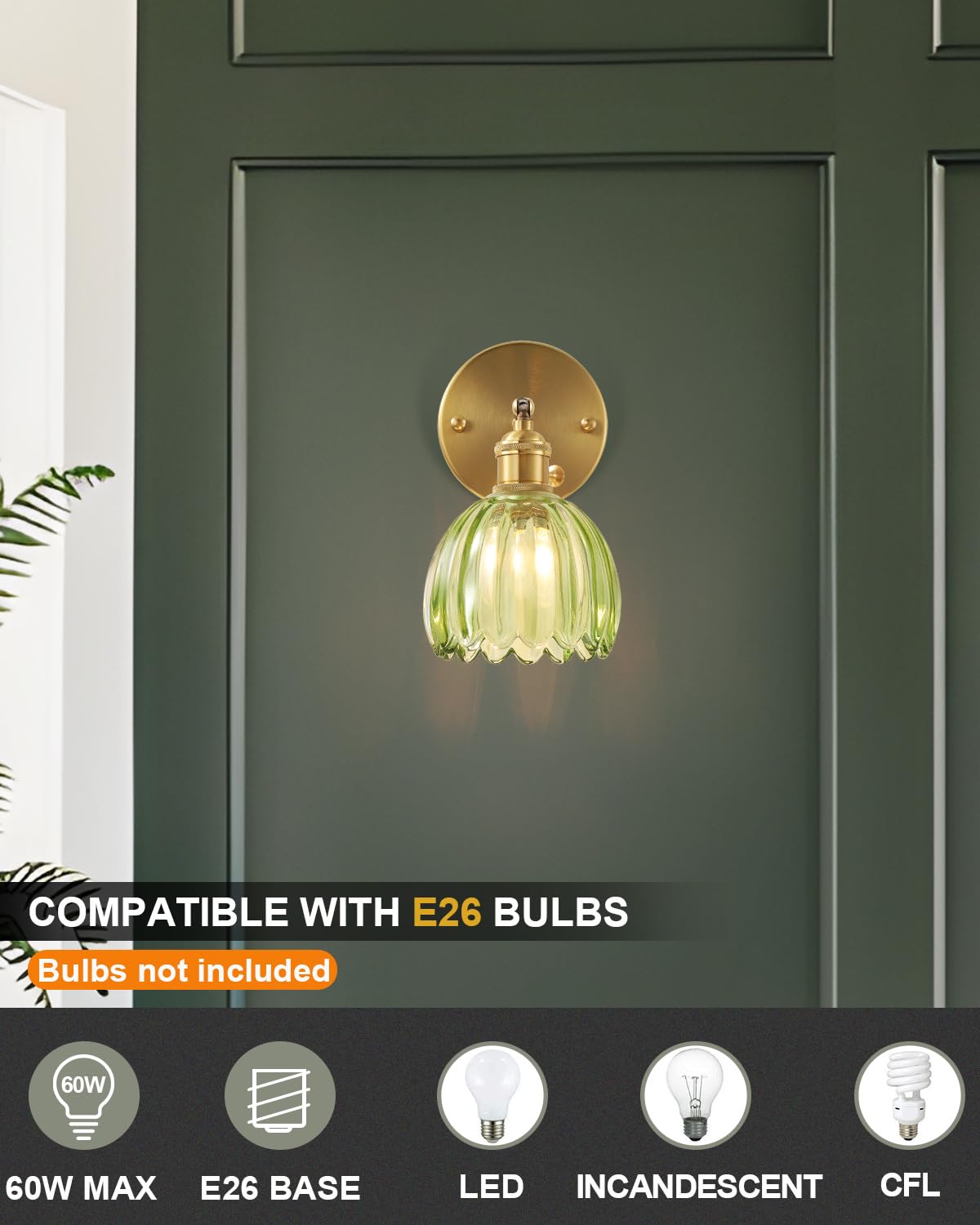 BinoBro Wall Sconce, Vintage Tulip Crystal Glass Shade, Hardwired/Plug-in, Multicolored, Model WL24555, Perfect for Bedroom/Living Room