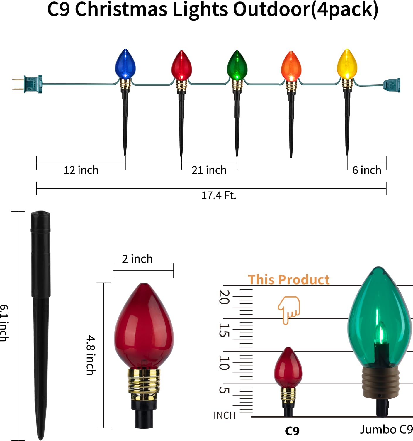 Brightown C9 Christmas Pathway Lights - 4 Pack, 69.6 Ft, Waterproof, Multicolor for Yard, Sidewalk & Driveway Decorations