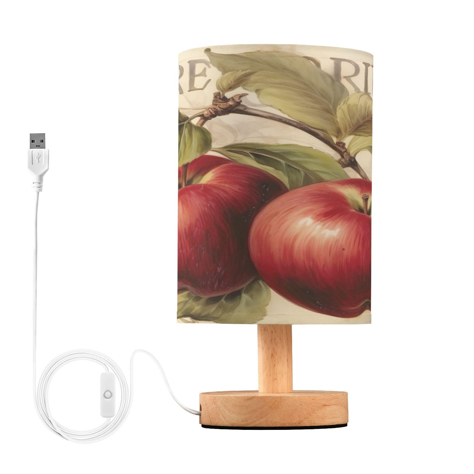 Coikll Vintage Apples Table Lamp Bedside with USB Ports Nightstand Lamps with Fabric Lampshade for Reading, Bedroom, Living Room