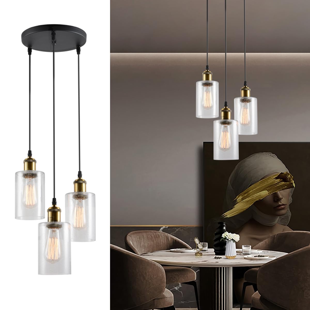 VILUXY 3-Light Pendant Light, Modern Farmhouse Chandelier, Seeded Glass Shade, Black and Gold Finish