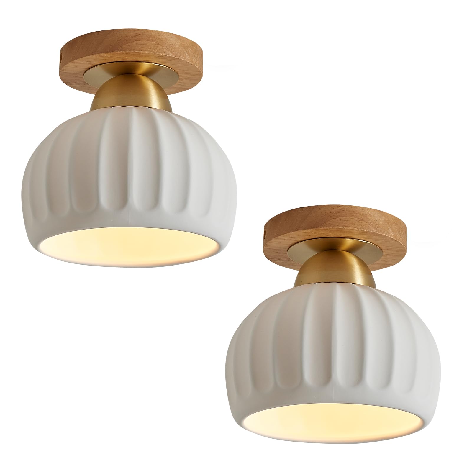 2 Pack Vintage Gold Ceramic Semi Flush Mount Ceiling Light Fixtures, Wood Brass Hallway Light Fixtures Modern Ceiling Light, Small Flush Mount Ceiling Light For Dining Room Kitchen Entryway