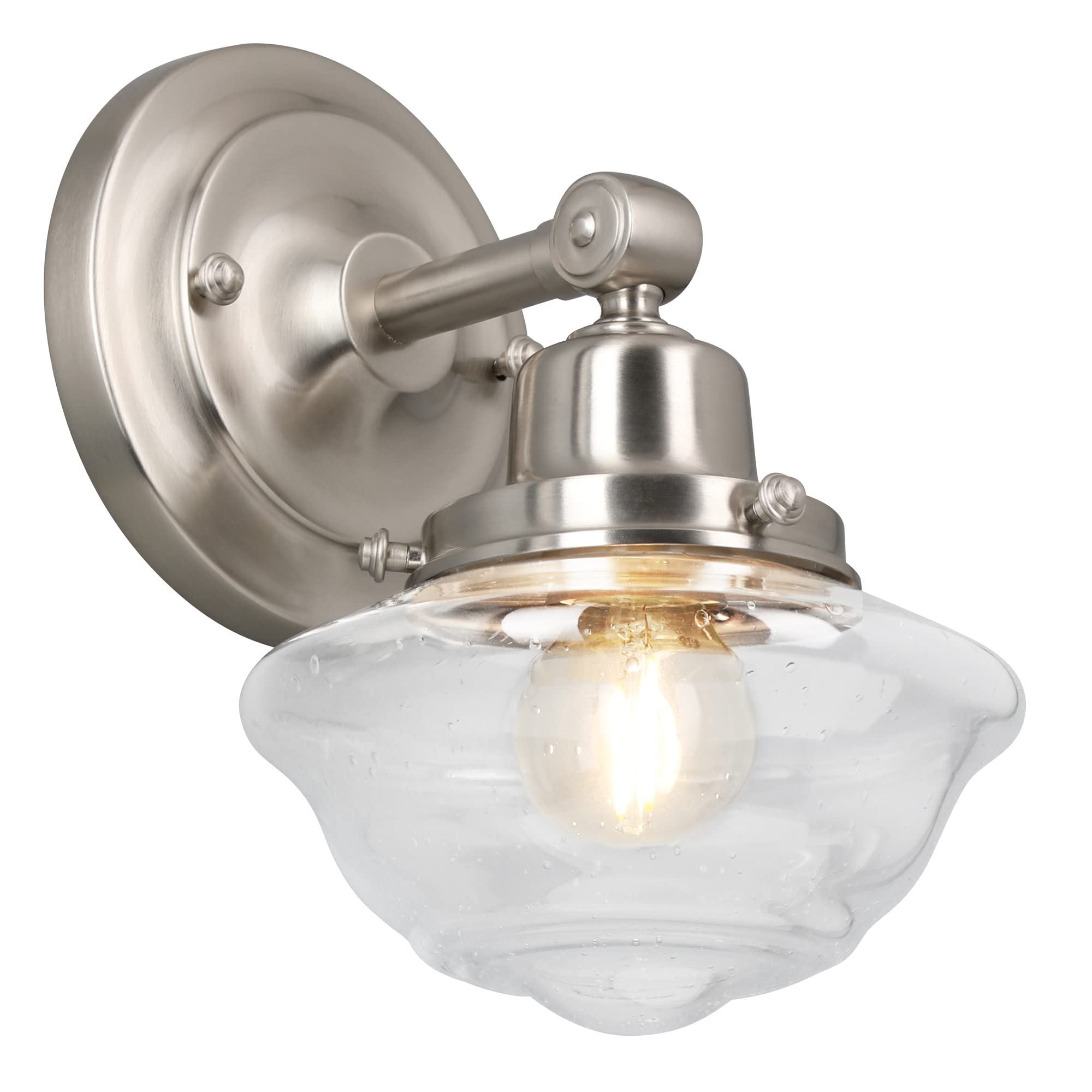 Design House Vintage-Inspired Schoolhouse Wall Sconce, 6.625 in x 7.625 in x 9.5 in, Satin Nickel, Clear Seeded Glass Shade, 589