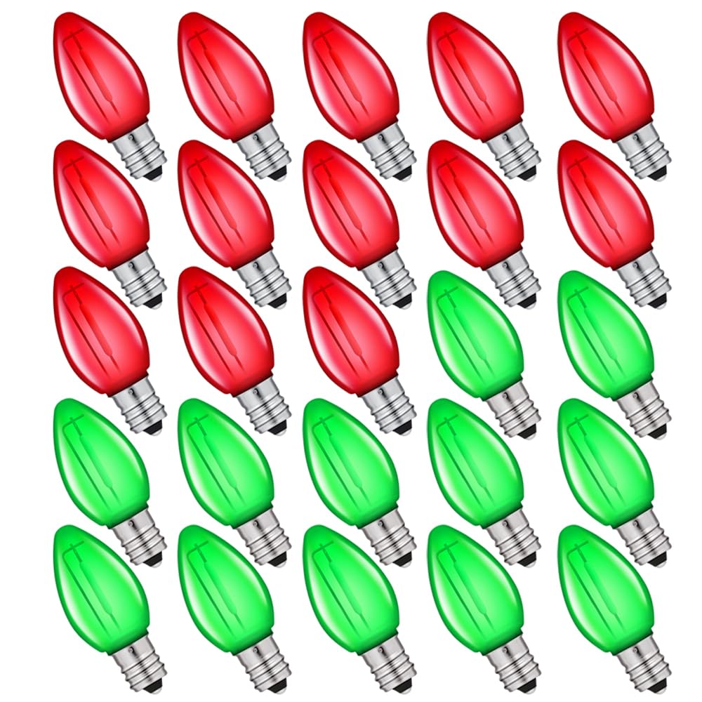 Neteha 25 Pack C7 Red And Green Led Replacement Christmas Light Bulb, C7 E12 Base 120V Waterproof Led Bulbs For Christmas Outdoo
