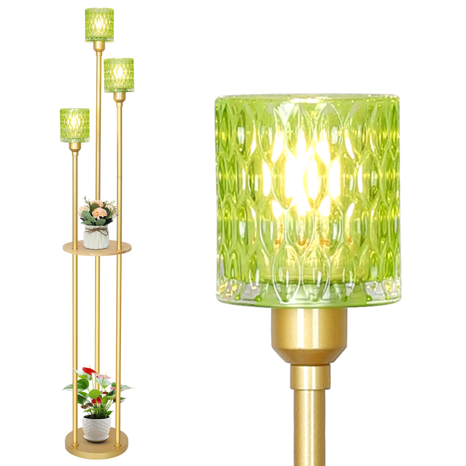 HMVPL Vintage Floor Lamp with Green Glass Shade, Metal, Gold Color, Model 250404A1, Boho Design, Perfect for Living Room and Bedroom