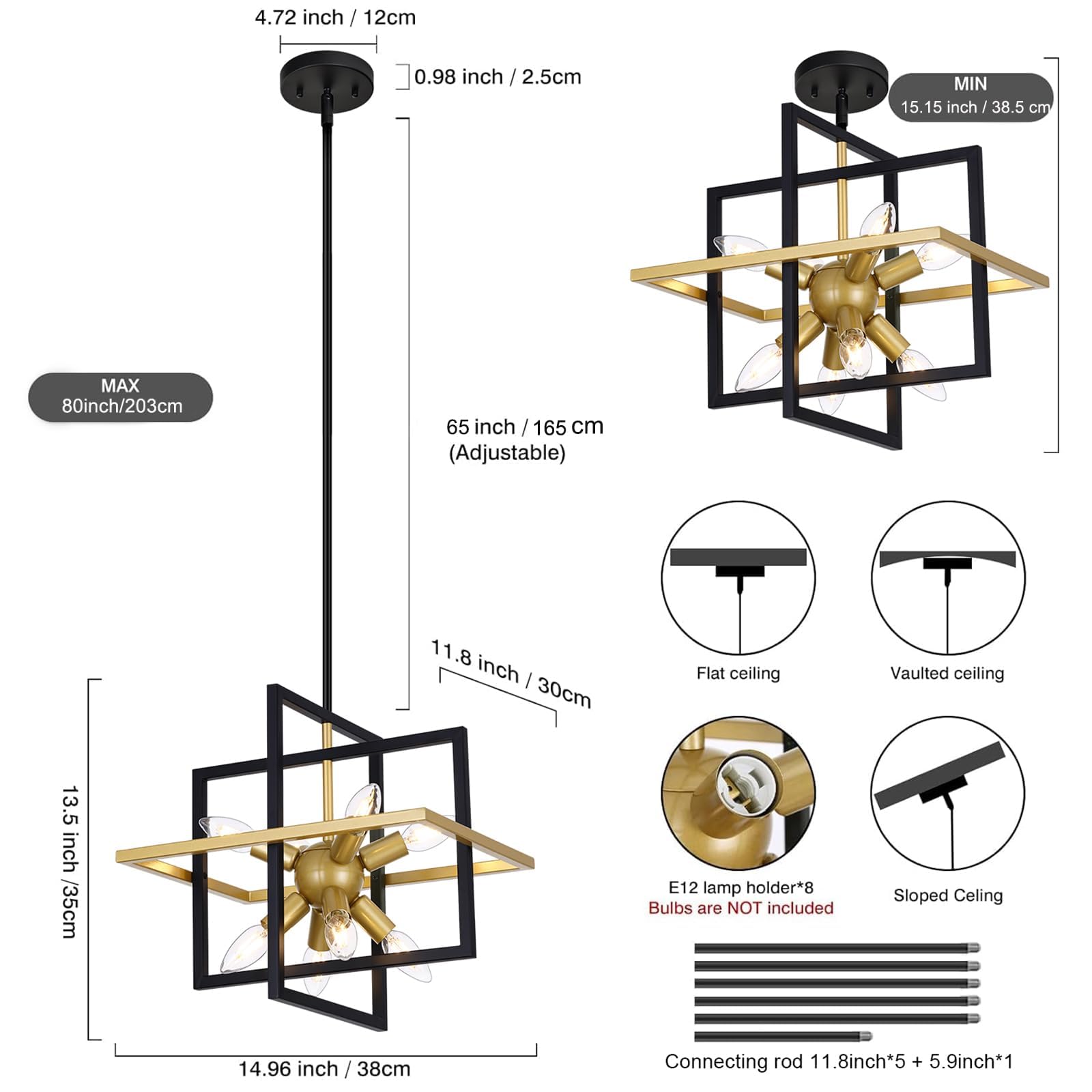 Goomavi Small Modern Lantern Chandeliers, Geometric Black Gold Pendant Light Fixture, 8-Light Industrial Hanging Chandelier For