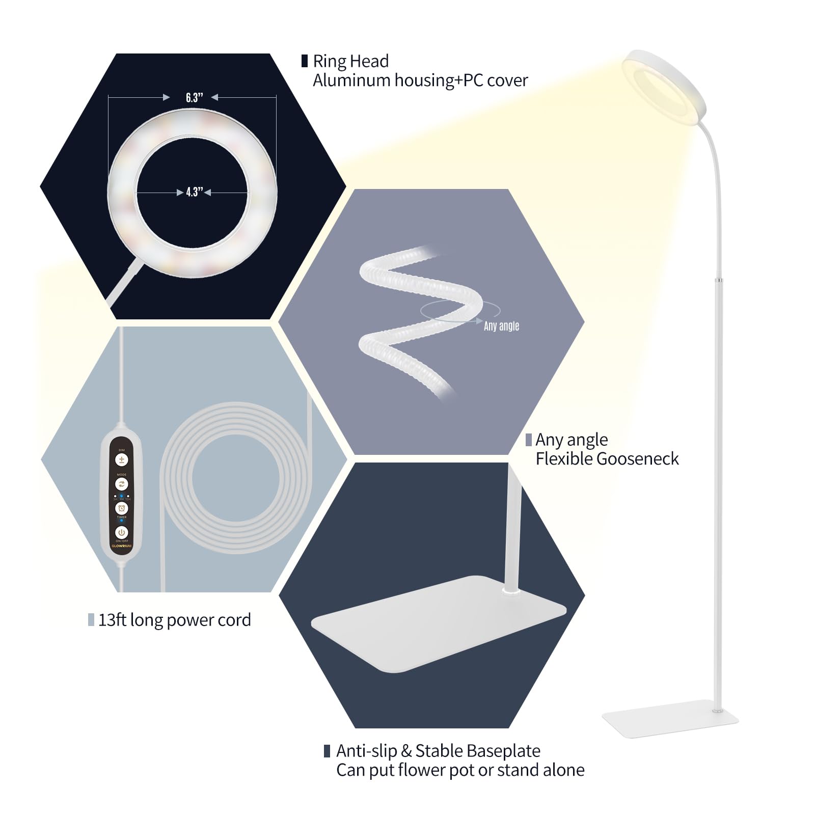 Glowrium Indoor Grow Light, 20 Watt Full Spectrum Led Plant Growth Light With Stand, Adjustable Height With Timer 3/9/12 Hrs, White Led Plant Lamp