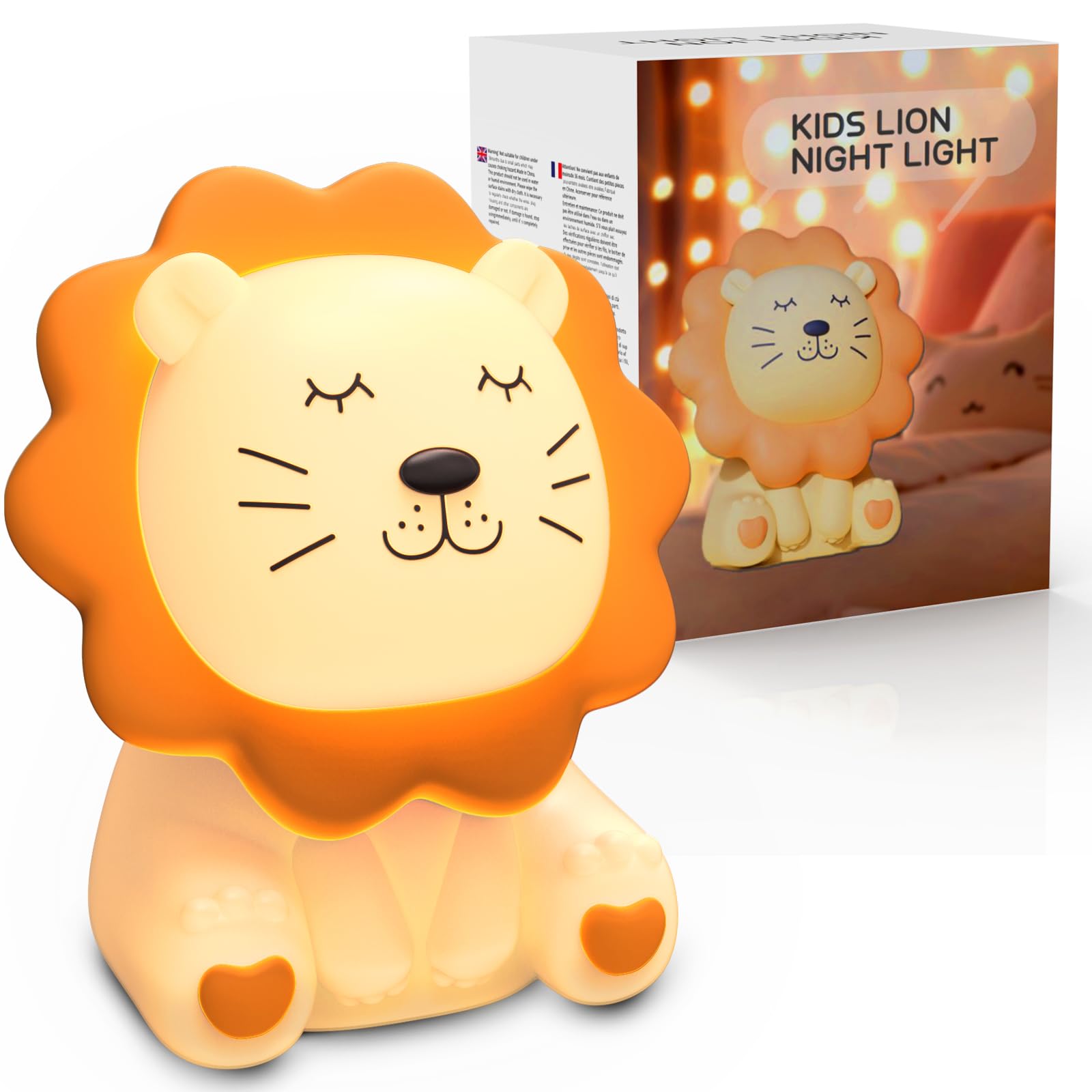 Nawchedo Night Light for Kids, Rechargeable Soft Silicone Lion Lamp, 7 Colors, Dimmable, Yellow Lion
