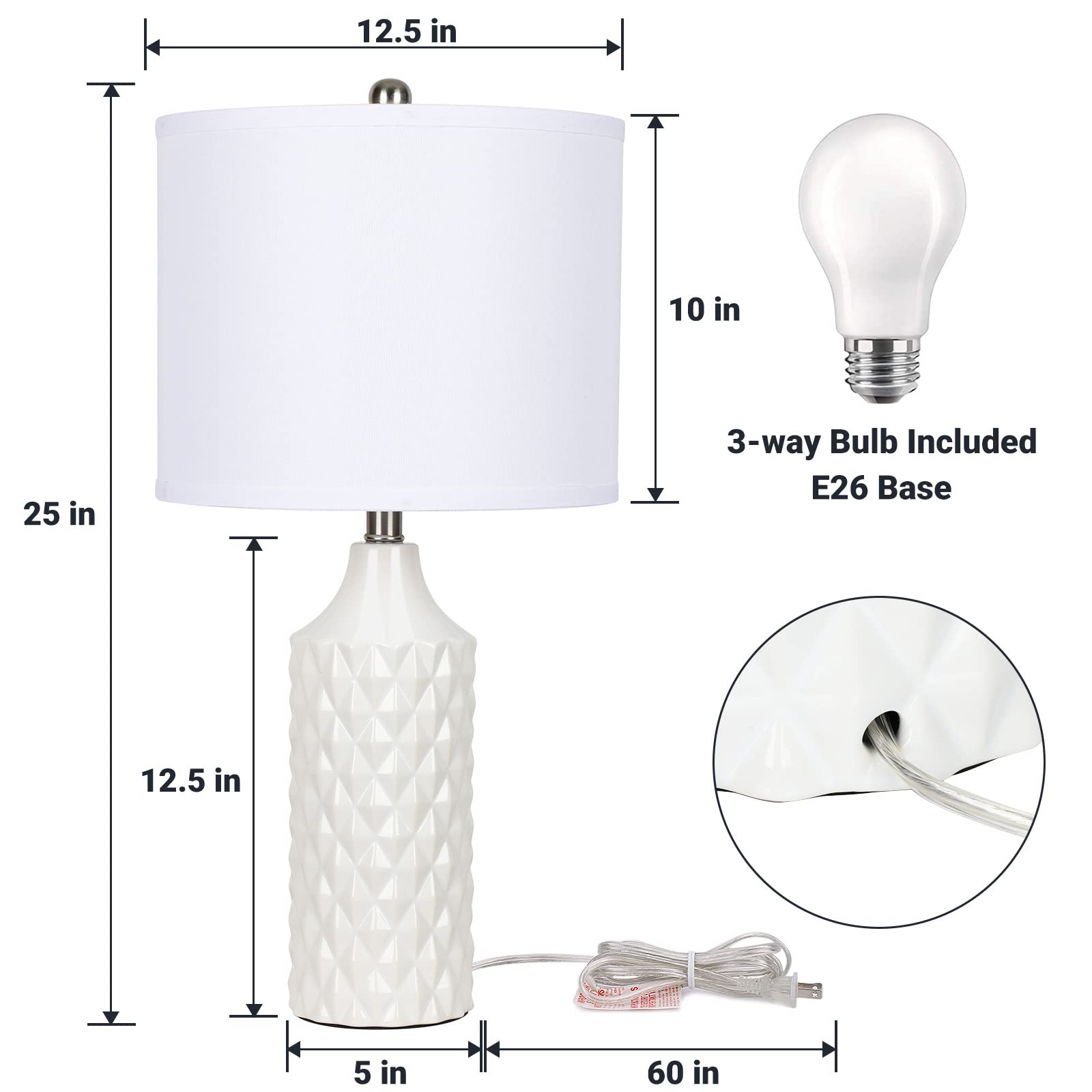 Qingmiao 25&quot; White Ceramic Table Lamps Set Of 2, Dimmable Nightstand & Living Room Lighting