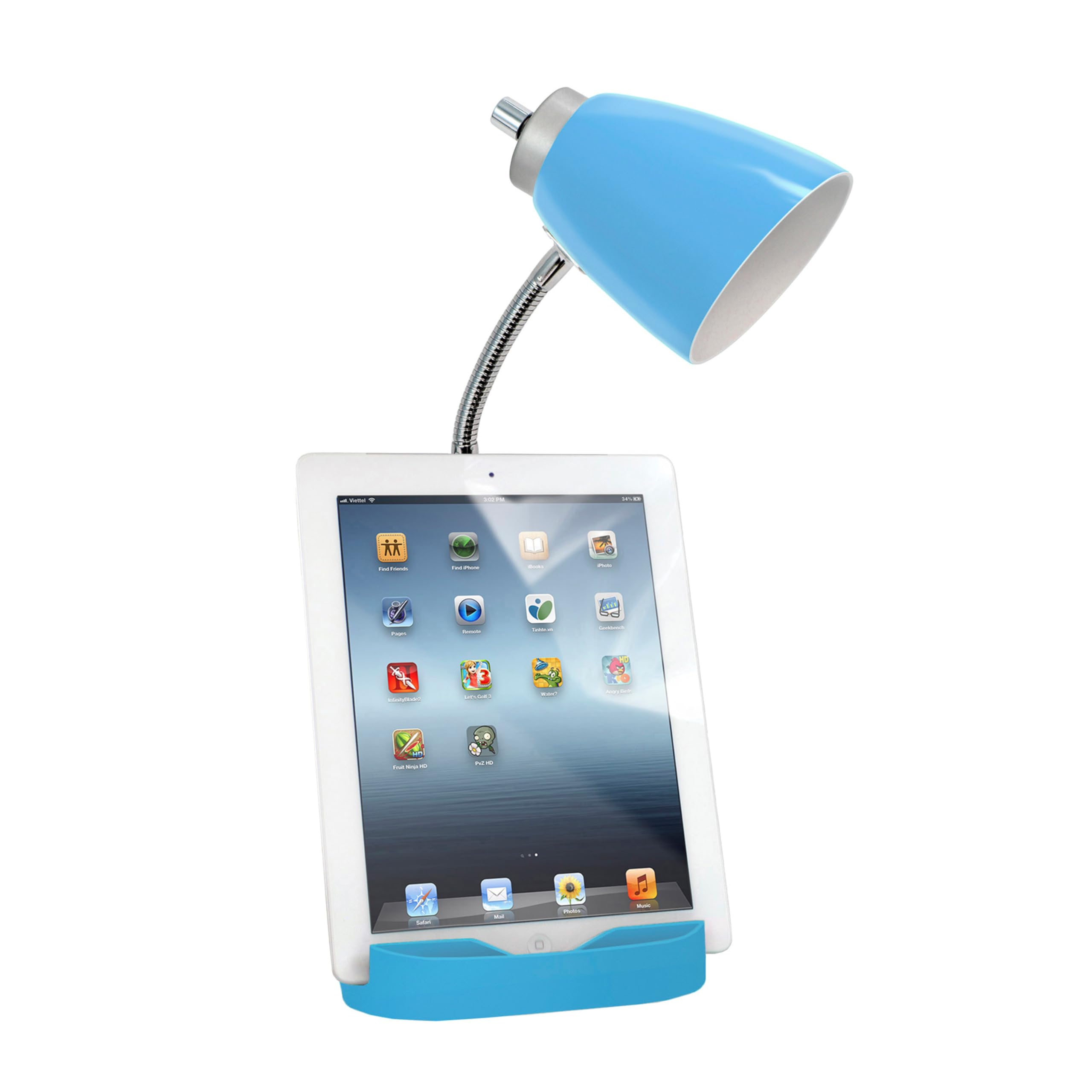 Simple Designs Gooseneck Desk Lamp with iPad Stand, Charging Outlet, Blue, Model LD1094-BLU