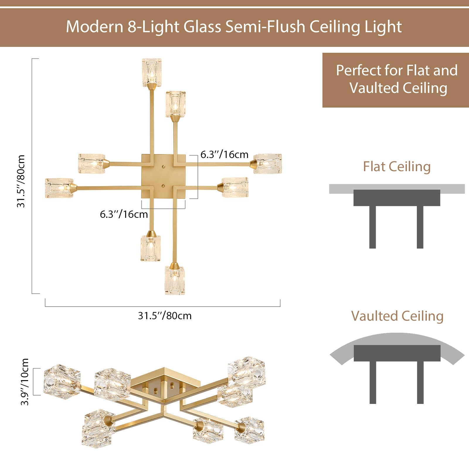 Peskoe 8-Light Gold Sputnik Chandelier Semi Flush Mount Ceiling Light Fixture, Modern Farmhouse Chandeliers For Dining Room Bedr