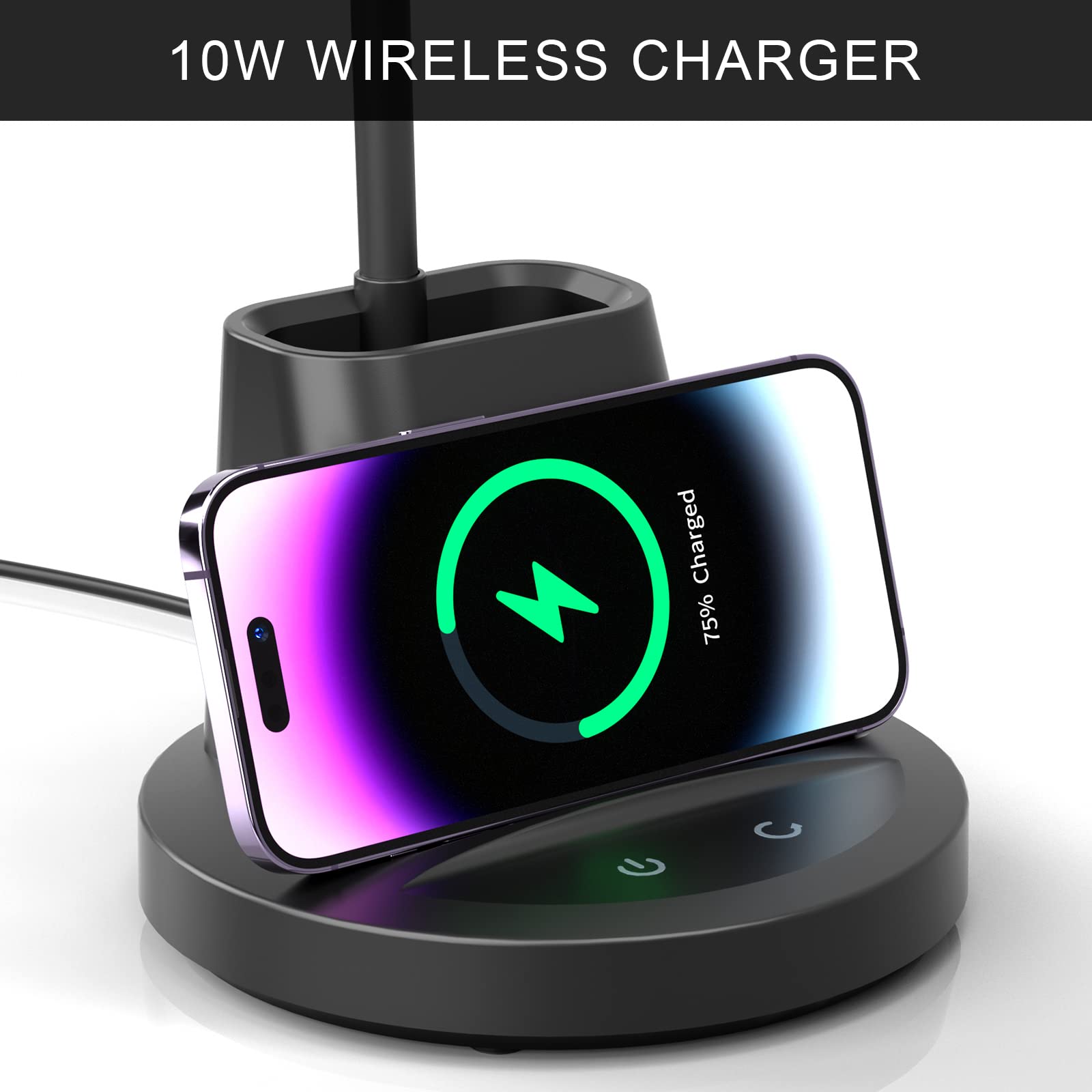 Vicsoon LED Desk Lamp with Wireless Charger, Dimmable 3 Color Modes, Flexible Arm, 800 Lumens, Black, Model HM-TD-8W-003