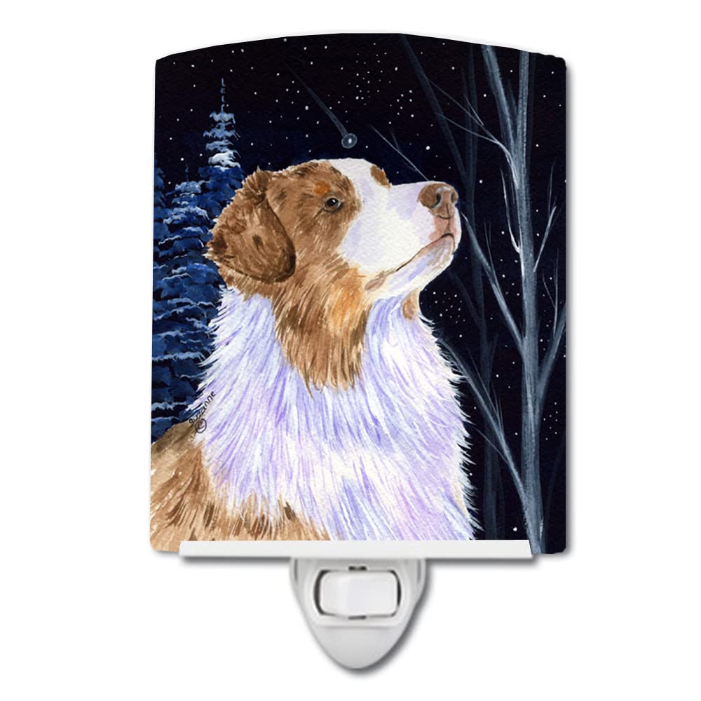 Caroline'S Treasures Ss8375Cnl Starry Night Australian Shepherd Ceramic Night Light Compact, Ul-Certified, Ideal For Bedroom, Bathroom, Nursery, Hallway, Kitchen, 6X4X3, Multicolor