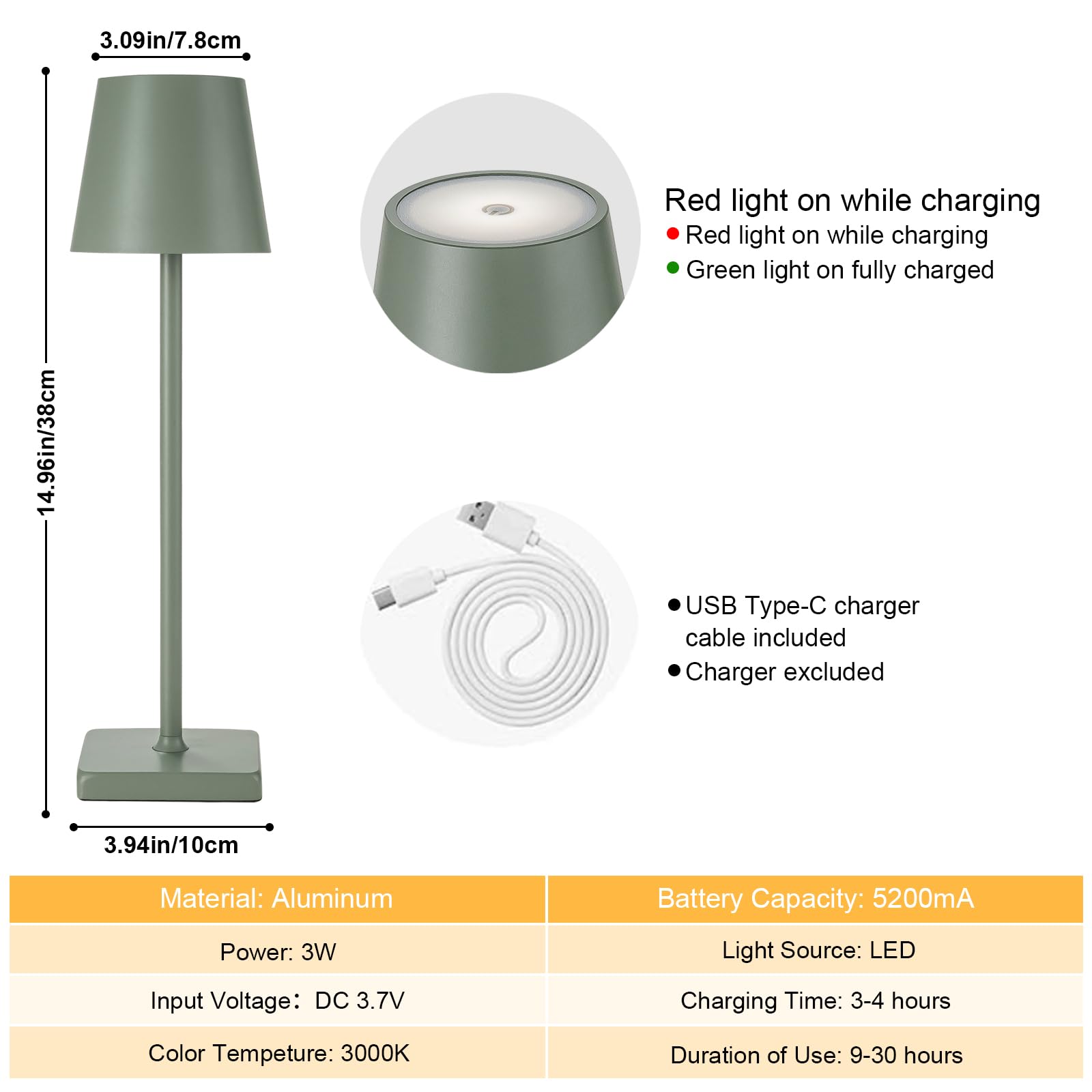 kelary Cordless Table Lamp 2 Pack Rechargeable LED Stepless Dimmable Aluminum Green