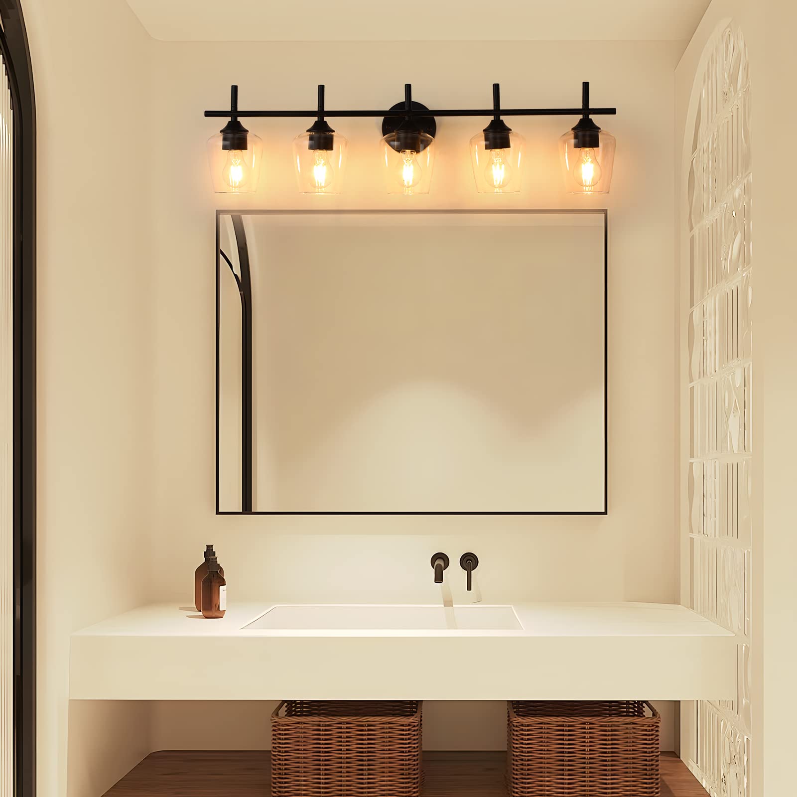 Foucasal 5-Light Black Bathroom Vanity Light Fixtures, Industrial Clear Glass Shade, Model ULB0046H-5HEI
