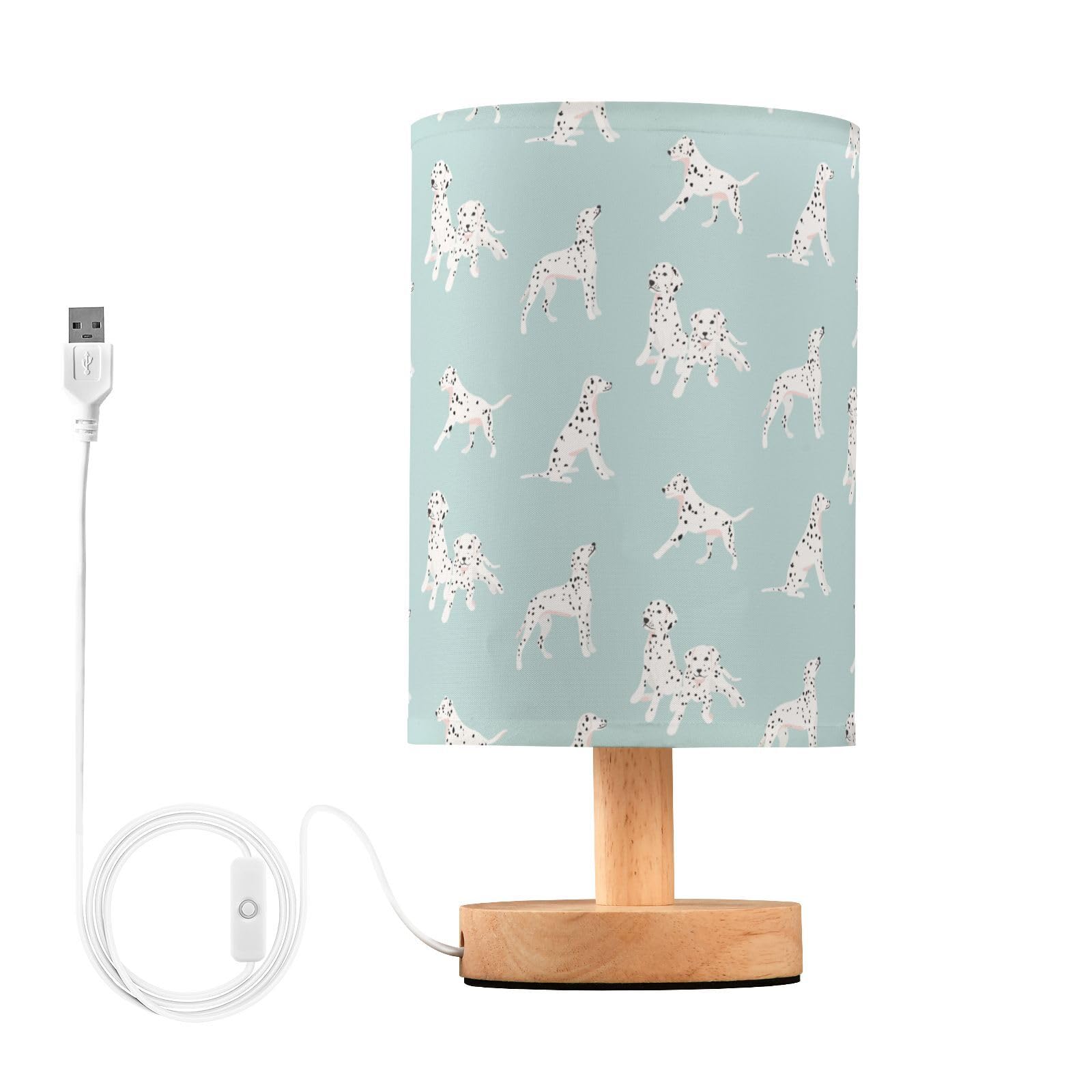 YYZZH Table Lamp Dalmatian Dog Pattern on Blue Nightstand Lamp with Wood Base Fabric Lamp Shade Bedside Desk Lamp for Living Roo