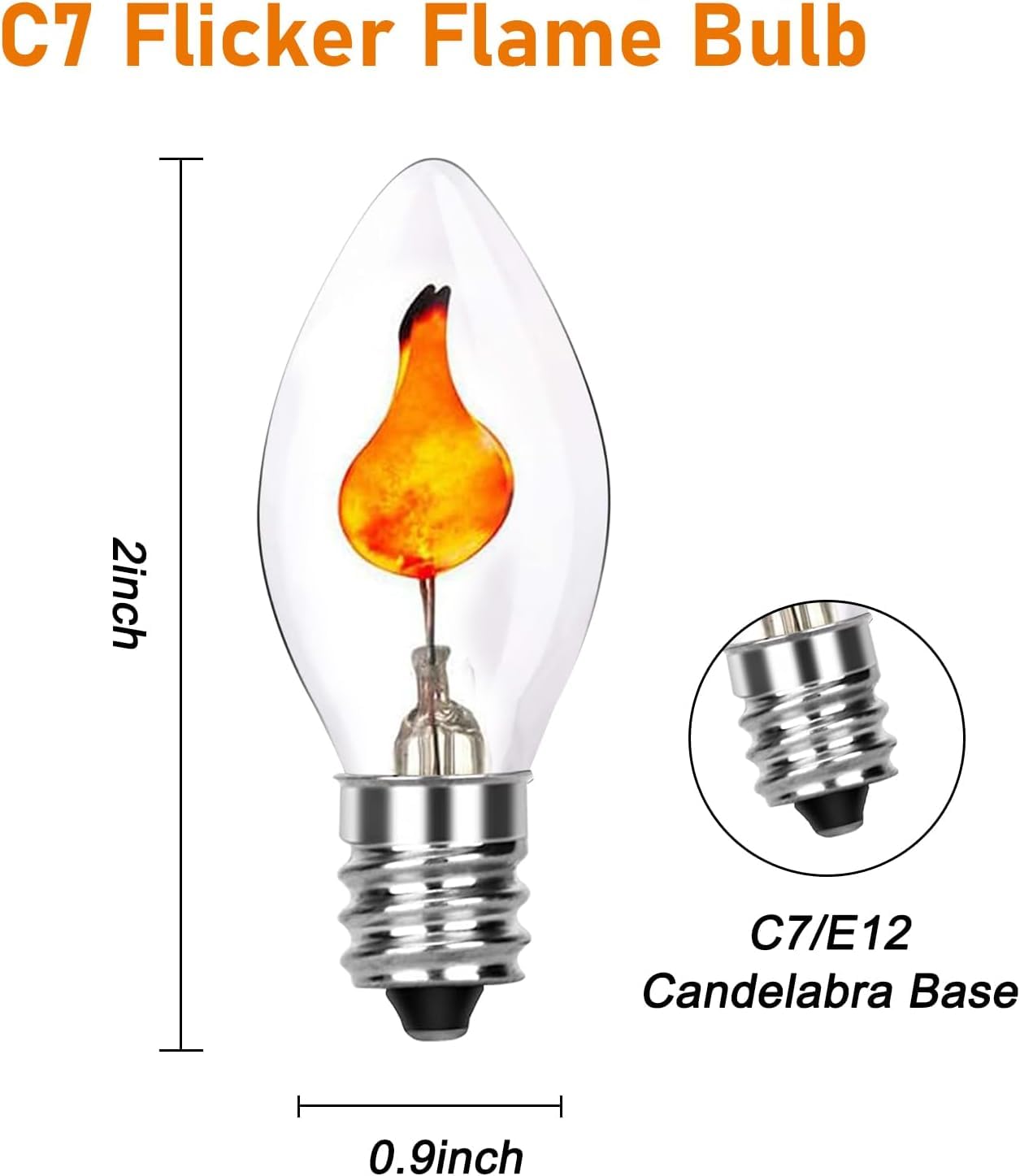 Tupkee C7 Flickering Flame Bulb, 1W Orange Glow, E12 Base Replacement, 2-Pack for Halloween & Christmas Candolier Window Candle