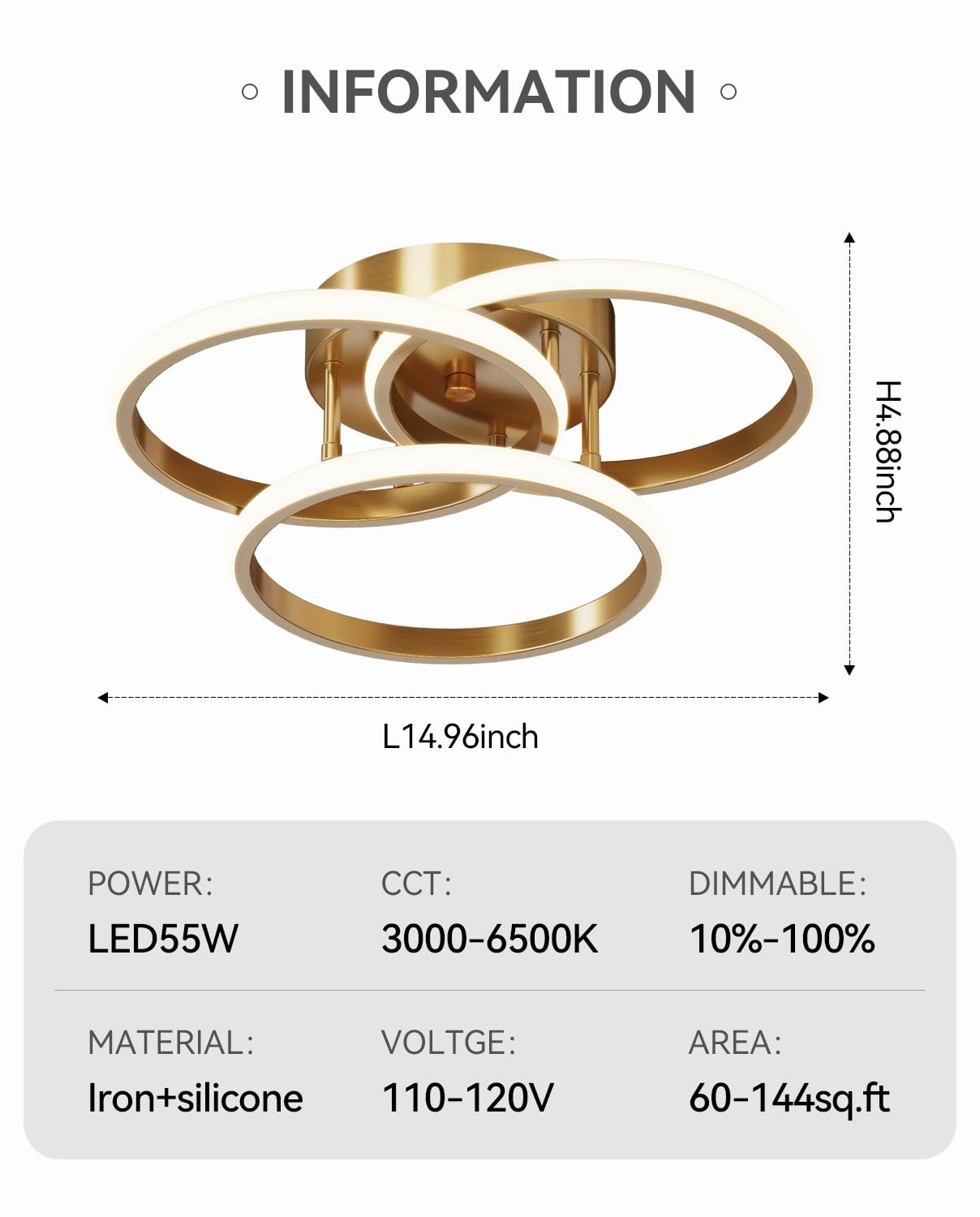 Miss Lighting Dimmable LED Semi Flush Mount Light Fixture, 15in, 3 Ring Gold, Remote Control, Modern Chandelier for Bedroom, Kitchen, Hallways