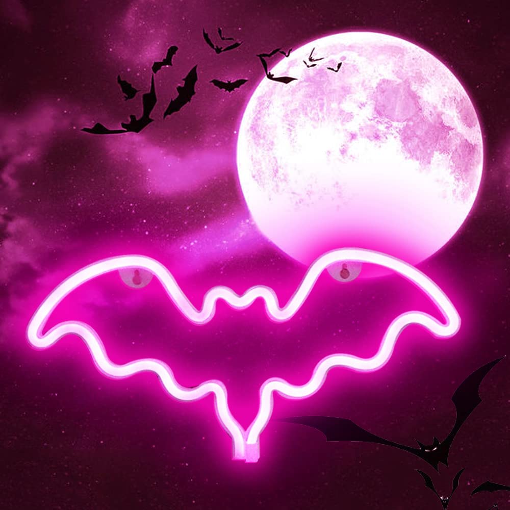 Vicila Pink Led Neon Bat Light - Halloween Decor, Battery Operated Table Lamp For Bedroom & Bar