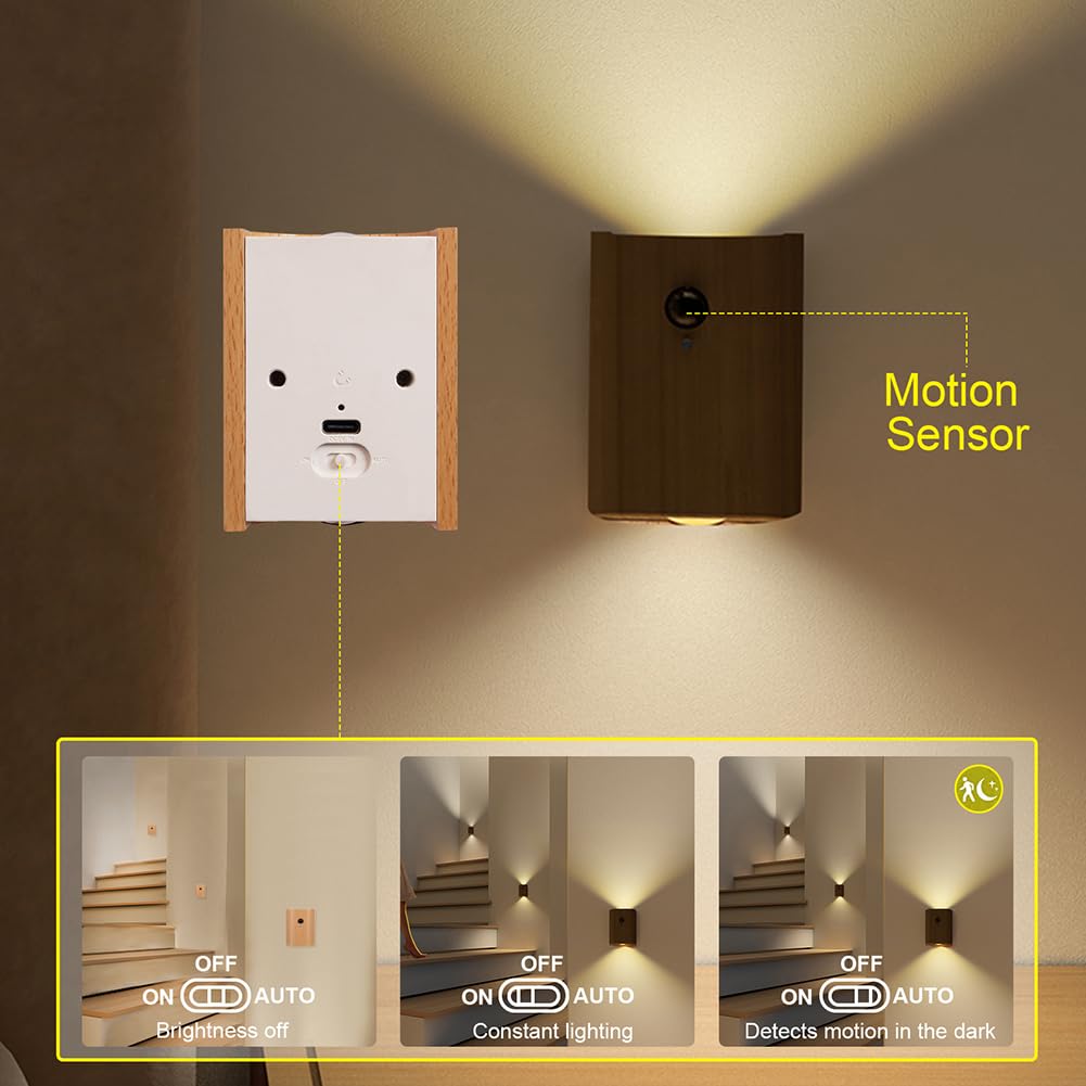 Landgoo Wooden Led Step Lights Wall Lamp  2700-3000K Motion Sensor Night Lights  Rechargeable Stair Lights For Hallway Indoor Lighting(White Ash Wood 2Pcs)