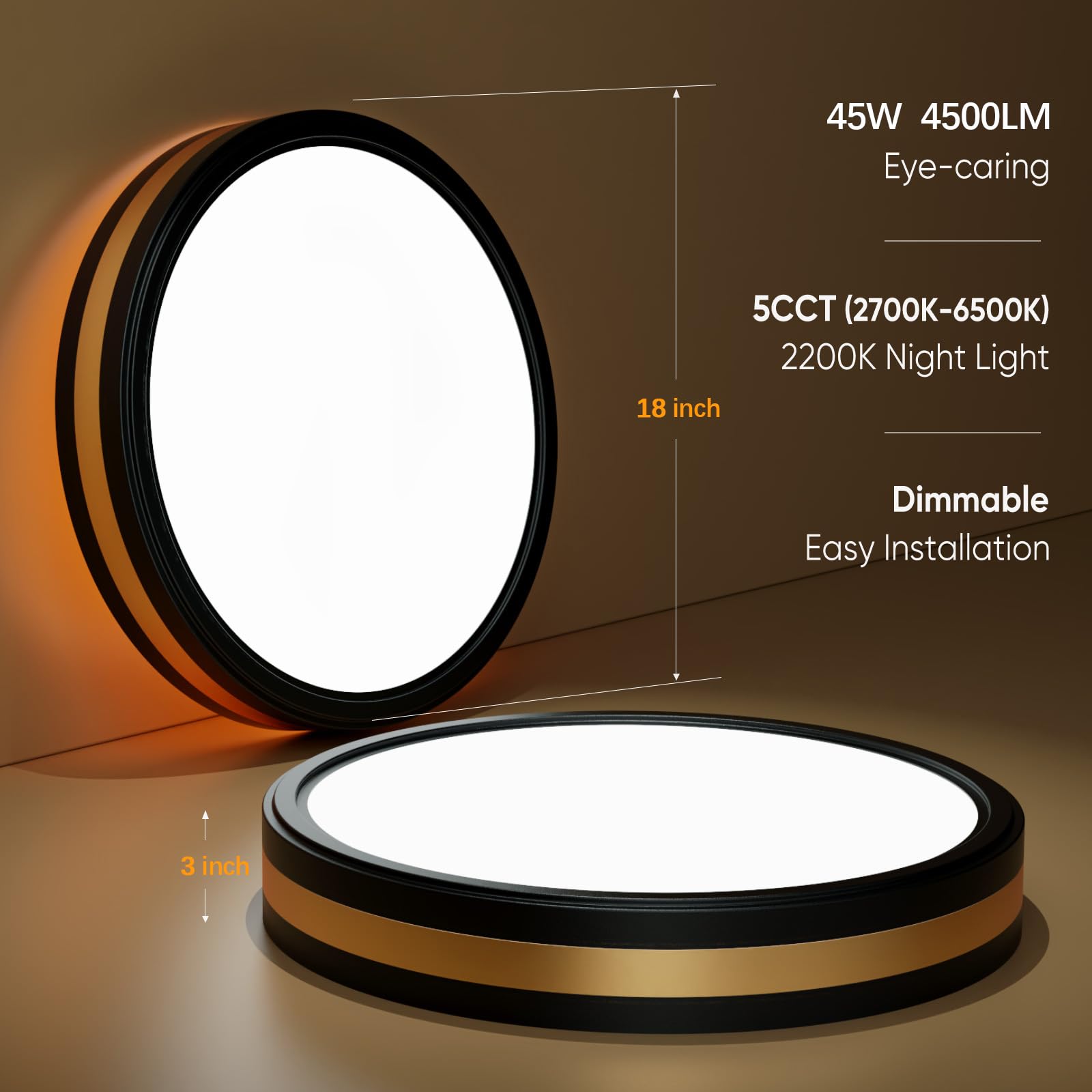 18 Inch Flush Mount Ceiling Light With Night Light, 5Cct Modern Black Gold Led Ceiling Light Fixture, 45W 4500Lm 2700K-6500K Adj