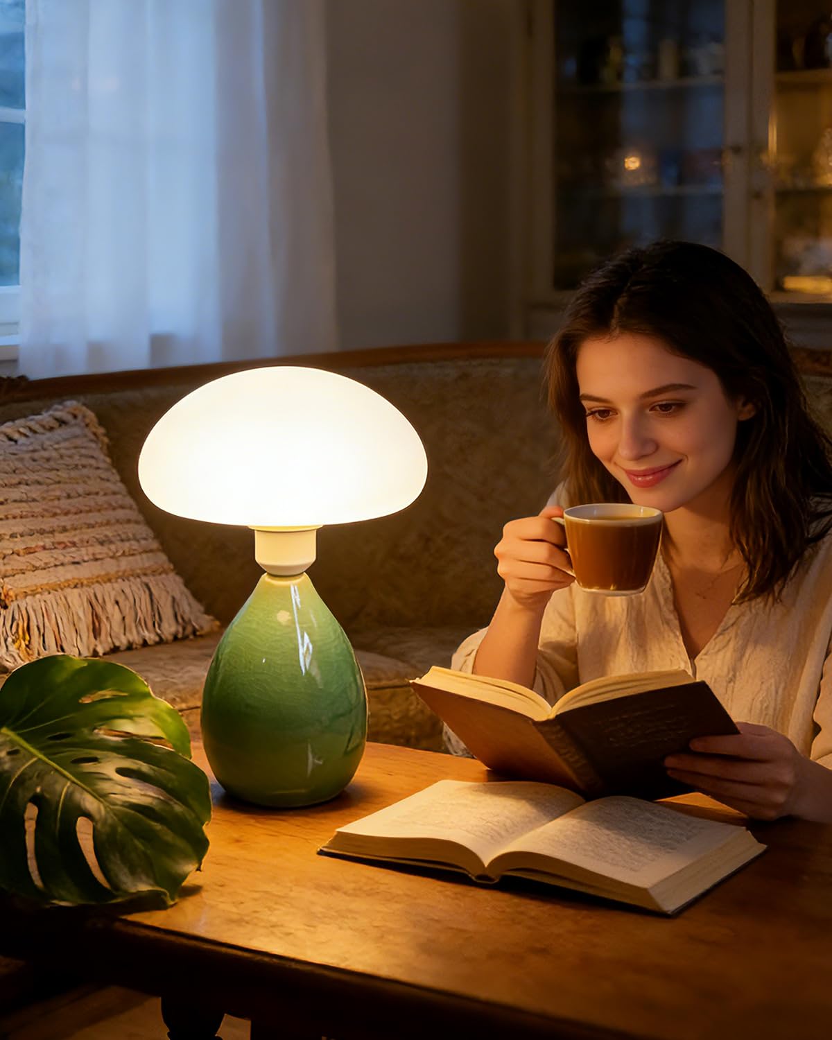 Lightdot Mushroom Table Lamp  Mid Century Modern Lamp  Green Ceramic Base Bedside Lamp  Cute Desk Lamp with Bulb Included  Eye-Caring Night Light for Bedroom Kids Room Living Room Office Home Reading