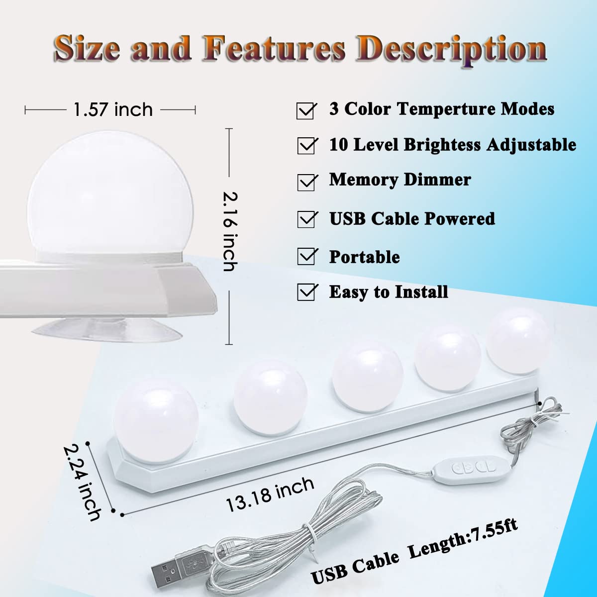 HELOIE Portable LED Makeup Light - Adjustable Dimmable Vanity Lights with 3 Color Modes, White, Model UML-5