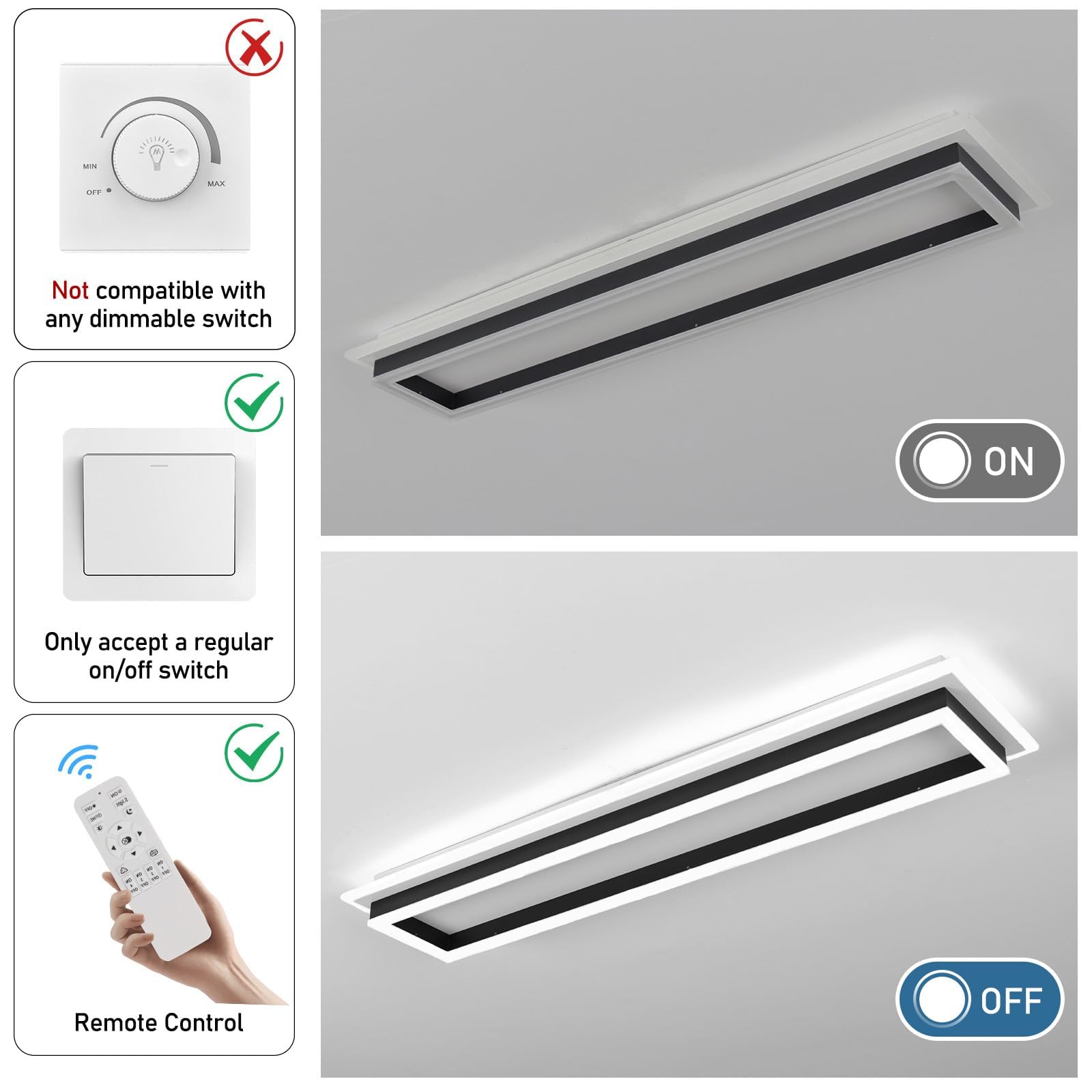 Vloitgol Dimmable LED Ceiling Light, Modern Linear Flush Mount, 31.5in, Black, Model CL-80CTYKL-D, Acrylic for Living Room, Kitchen, Dining