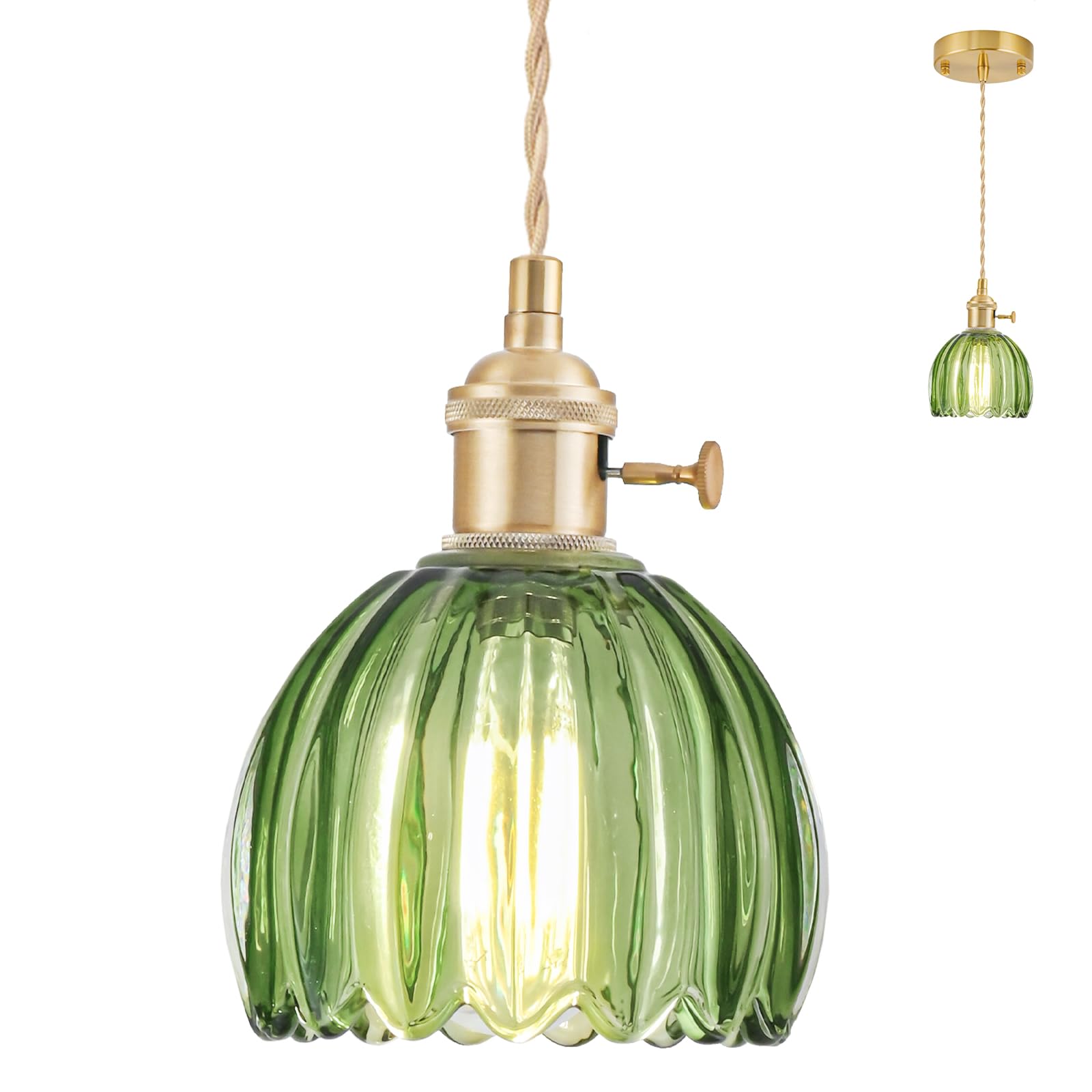 GMTB Mini Pendant Lights Kitchen Island  Small Adjustable Pendant Light Fixture with Green Tulip Glass Lampshade  Vintage Gold Pendant Lighting  Pendant Light for Bedroom Dining Room Hallway