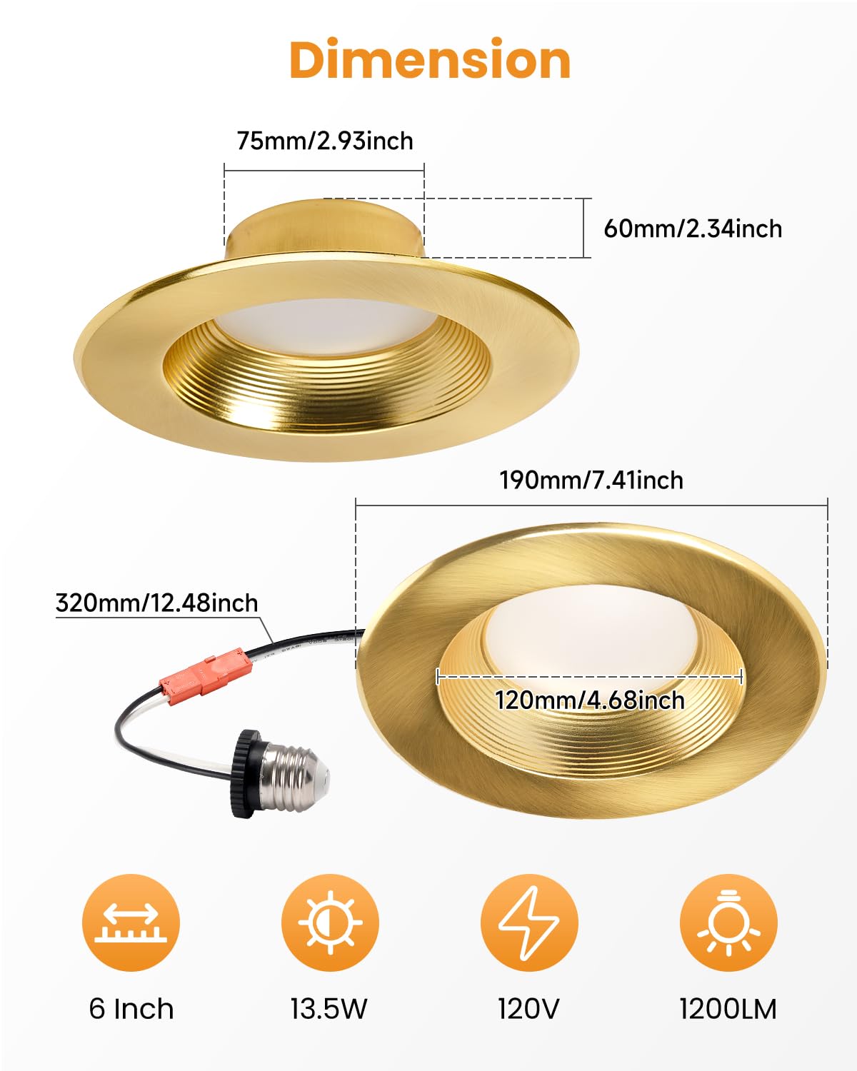 Wembanma 6 Inch LED Can Light - 5CCT Dimmable, 13.5W 1200LM, Metal Baffle Trim, Gold, Model 6RCL