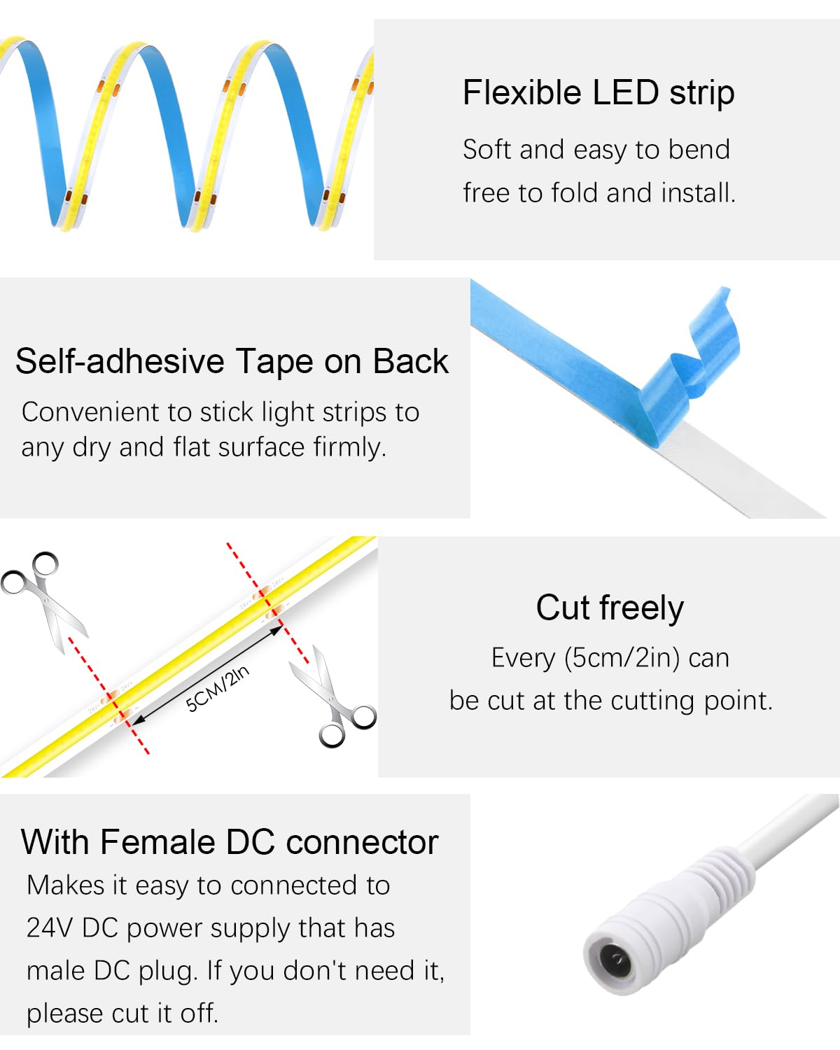 ALITOVE 32.8ft COB LED Light Strip 6500K Daylight White 24V Flexible Tape Light 480 LEDs/M IP20 for Home & Office Decor