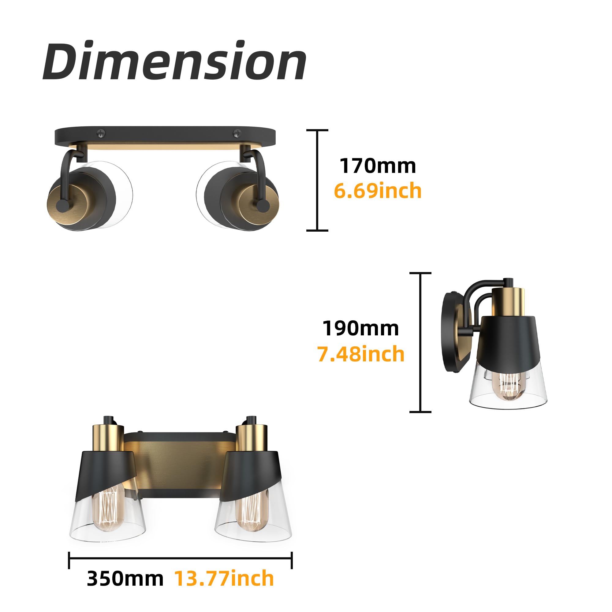 Ursola 2 Lights Bathroom Vanity Light, Bathroom Lighting Fixtures Over Mirror, 13.8 Inch Bathroom Light Fixtures Black And Gold With Bevelled Edge And Clear Glass Shade Wall Lamp