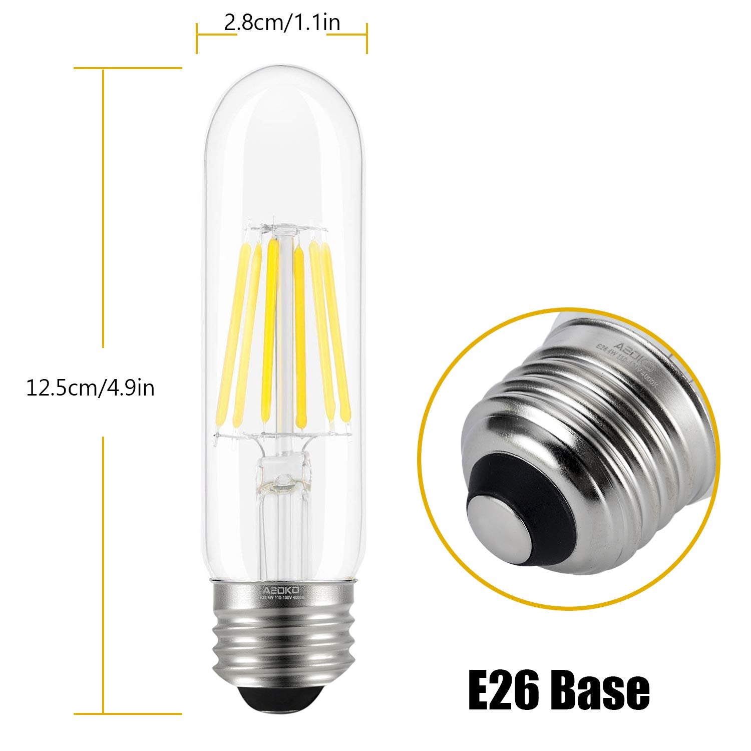Asoko E26 T10 Bulbs Daylight White 6W, Dimmable T10 Edison Bulb 60 Watts 4000K, E26 Base Led Tubular Light Bulbs, Tube Vintage L