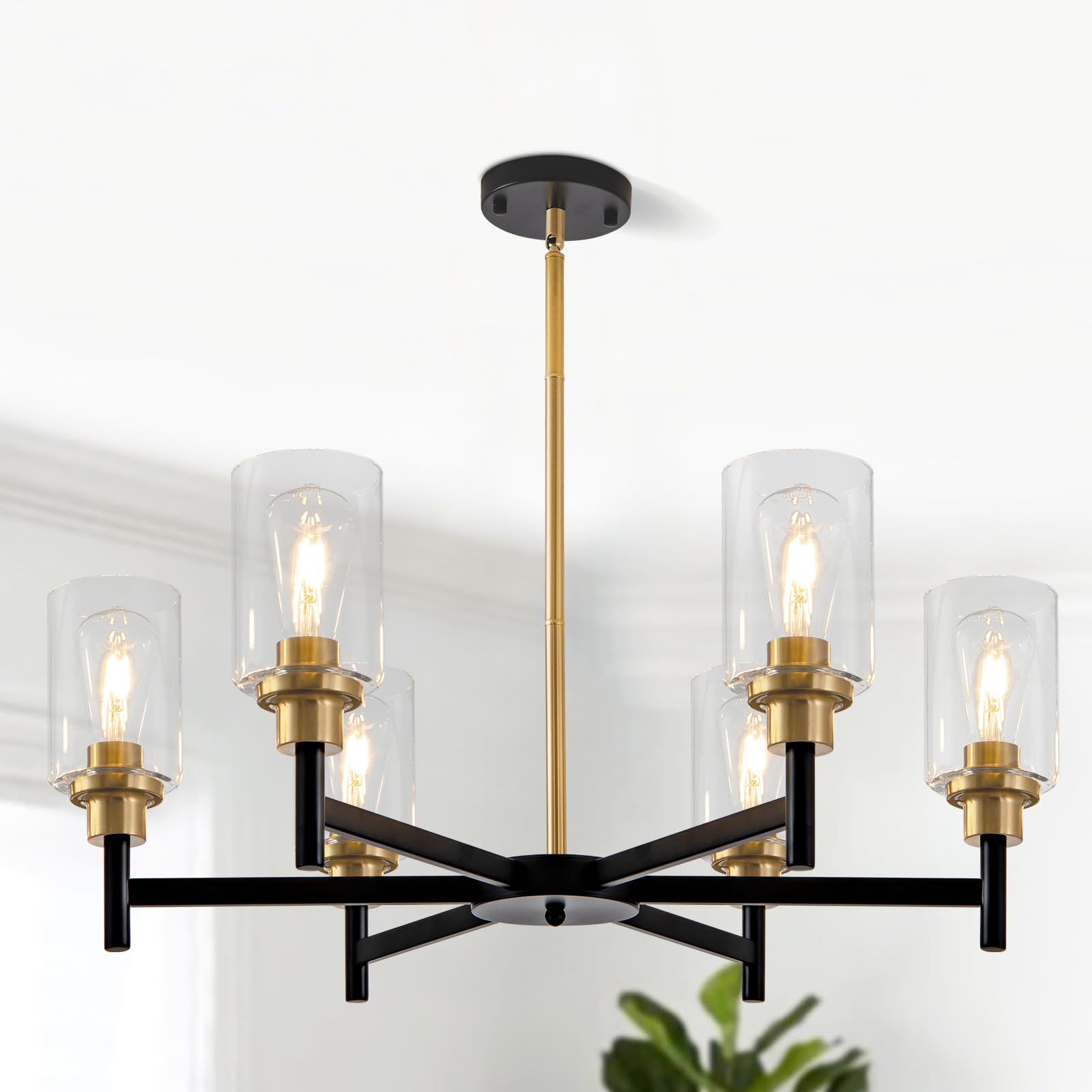 HCCZ 6 Light Dining Room Light Fixture Black & Brushed Brass Gold Farmhouse Chandelier Over Table Modern Hanging Pendant Lightin