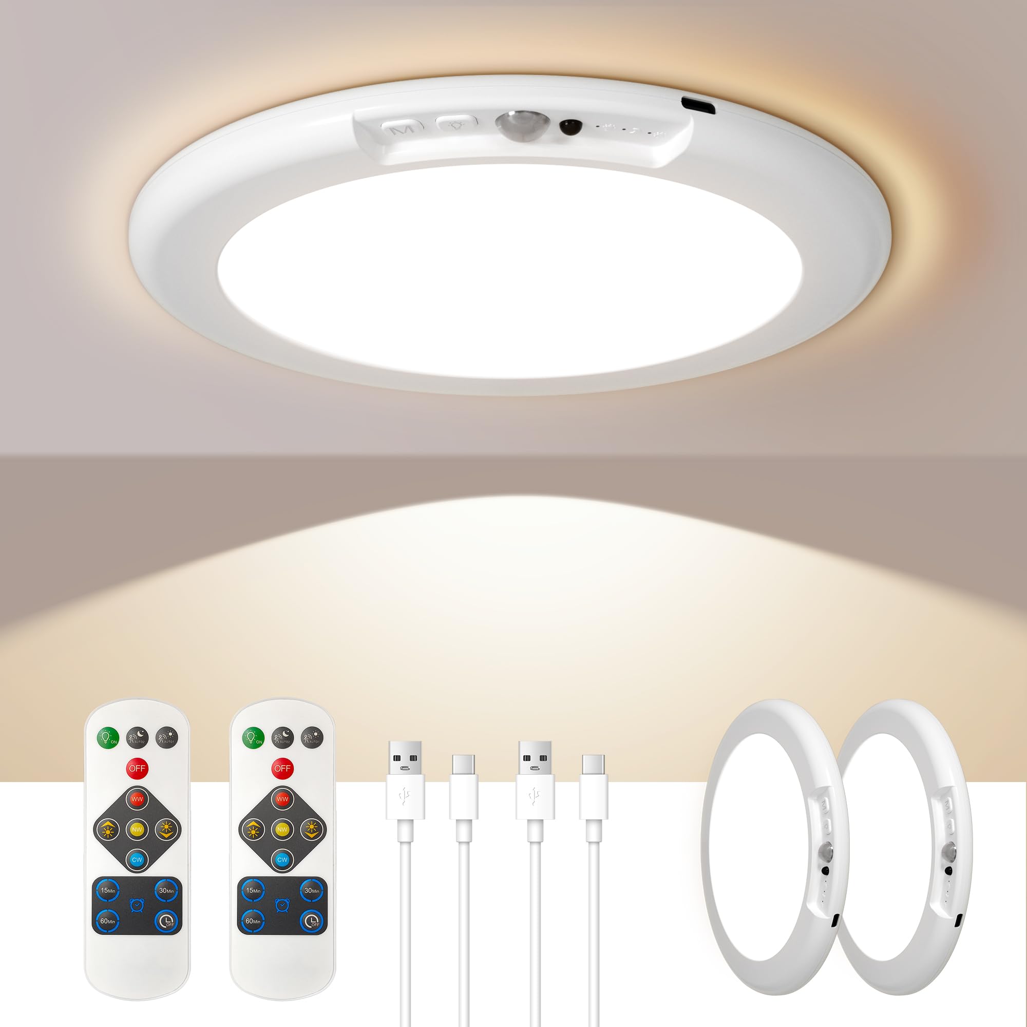 Rechargeable Motion Sensor Ceiling Light, Wireless Battery Operated Ceiling Light, Motion Activated Closet Light With Remote, Ma
