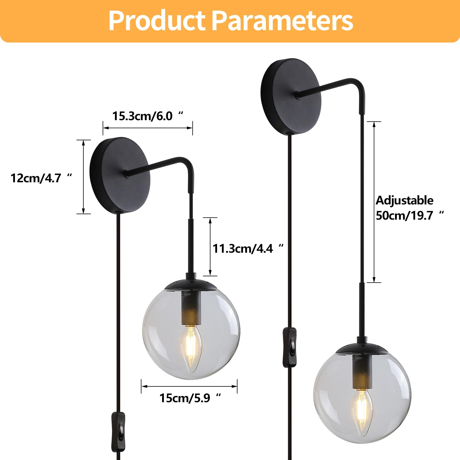 KUZZULL Wall Sconces Set of 2, Matte Black Iron with Globe Clear Glass Shade, 29in Plug-in Wall Lights for Bedrooms and Decor