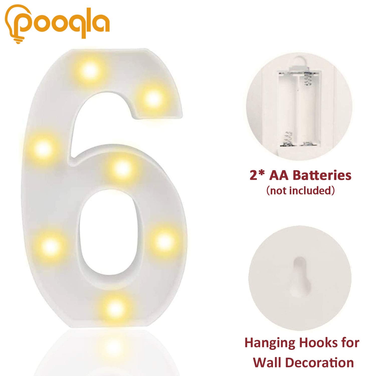 Pooqla Decorative LED Number Light Sign, Battery Operated, White Plastic, Number 6, Model JH-NB-06
