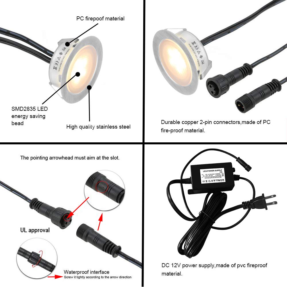 SMY Lighting Recessed LED Deck Lights, Warm White, 6 Pack, IP67 Waterproof, 304 Stainless Steel, Model D-6WW