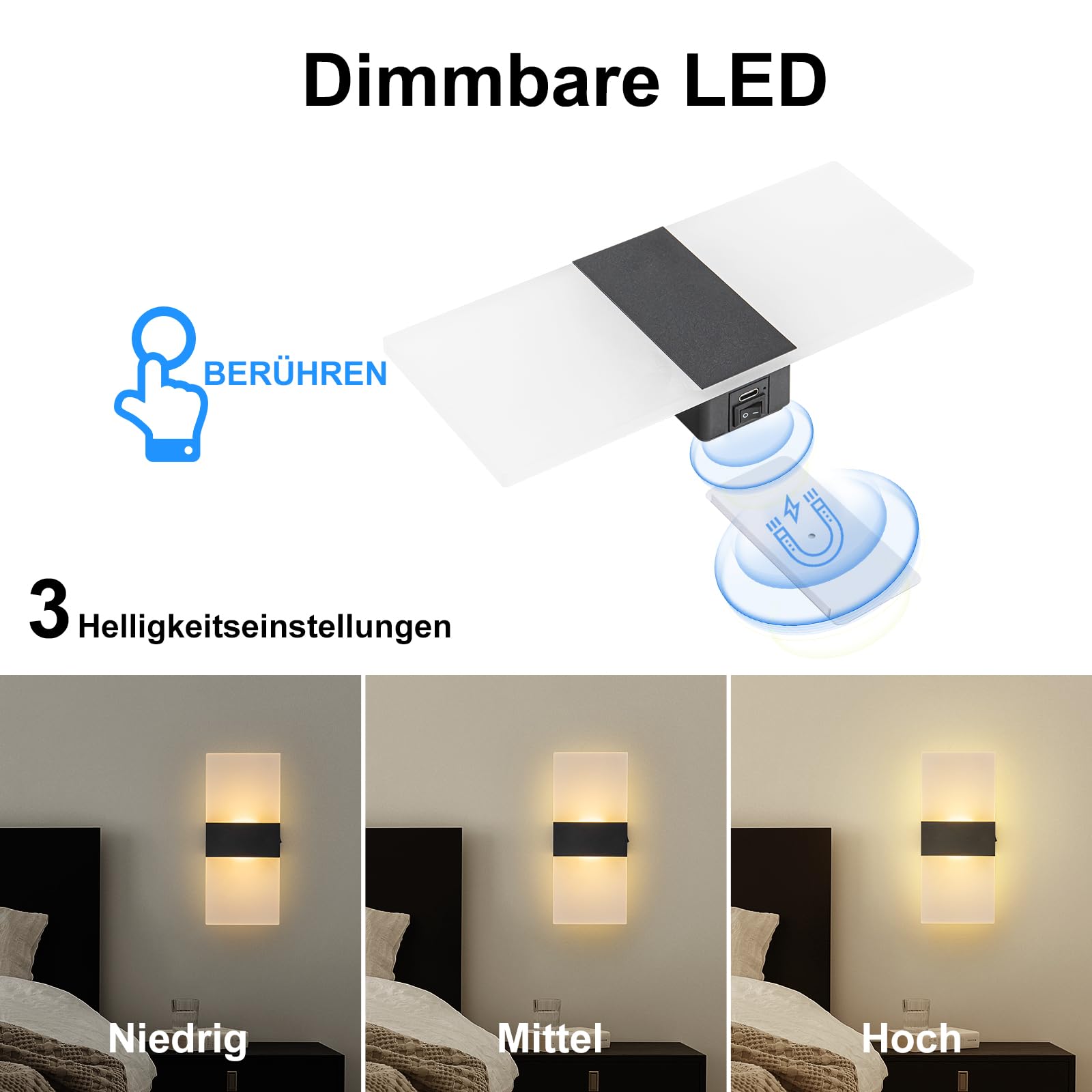 SURPALIG Touch Control Wall Sconces Set of 2, Dimmable Warm White LED, Rechargeable Battery Operated, Model BDCF001
