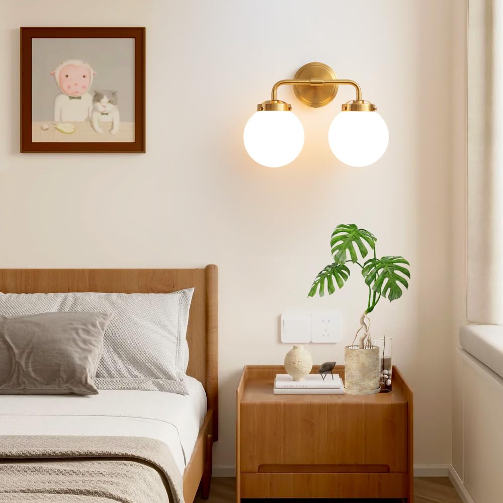 Deyidn Bathroom Vanity Light Fixtures, Modern Brass Gold, 2 Lights, Milk White Shades, Model 1758