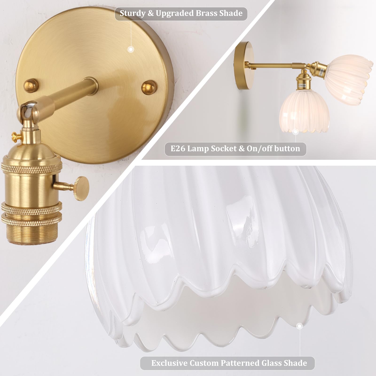 Shenmoyl Vintage Wall Sconces with White Tulip Glass Lampshade 180 Degree Adjustable Brass Sconces Hradwired Modern Wall Lightin