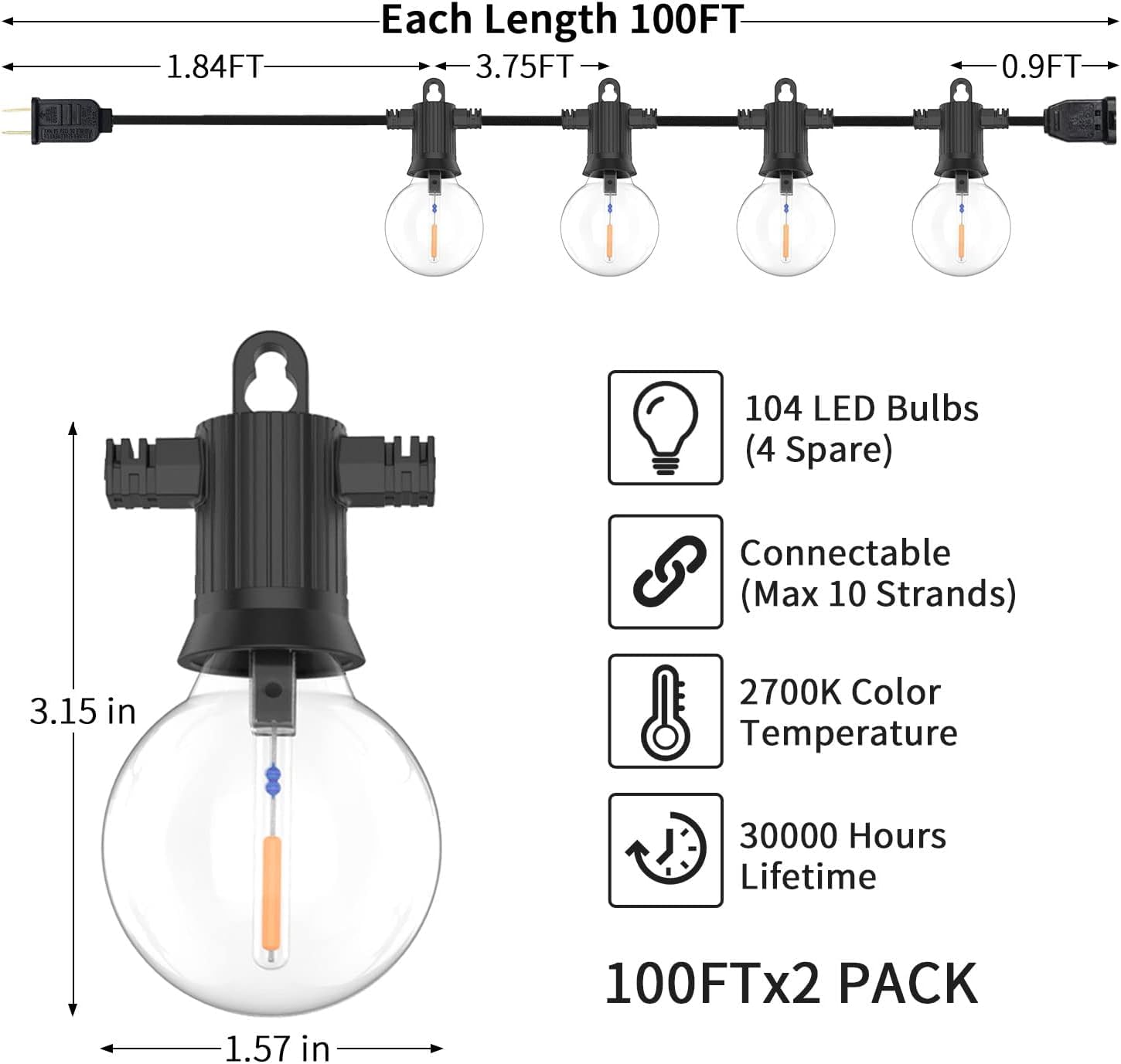 Zotoyi Outdoor String Lights Waterproof Ip65, 200 Ft Outdoor Lights For Patio With 104 Shatterproof G40 Bulbs(4 Spare), Led Stri