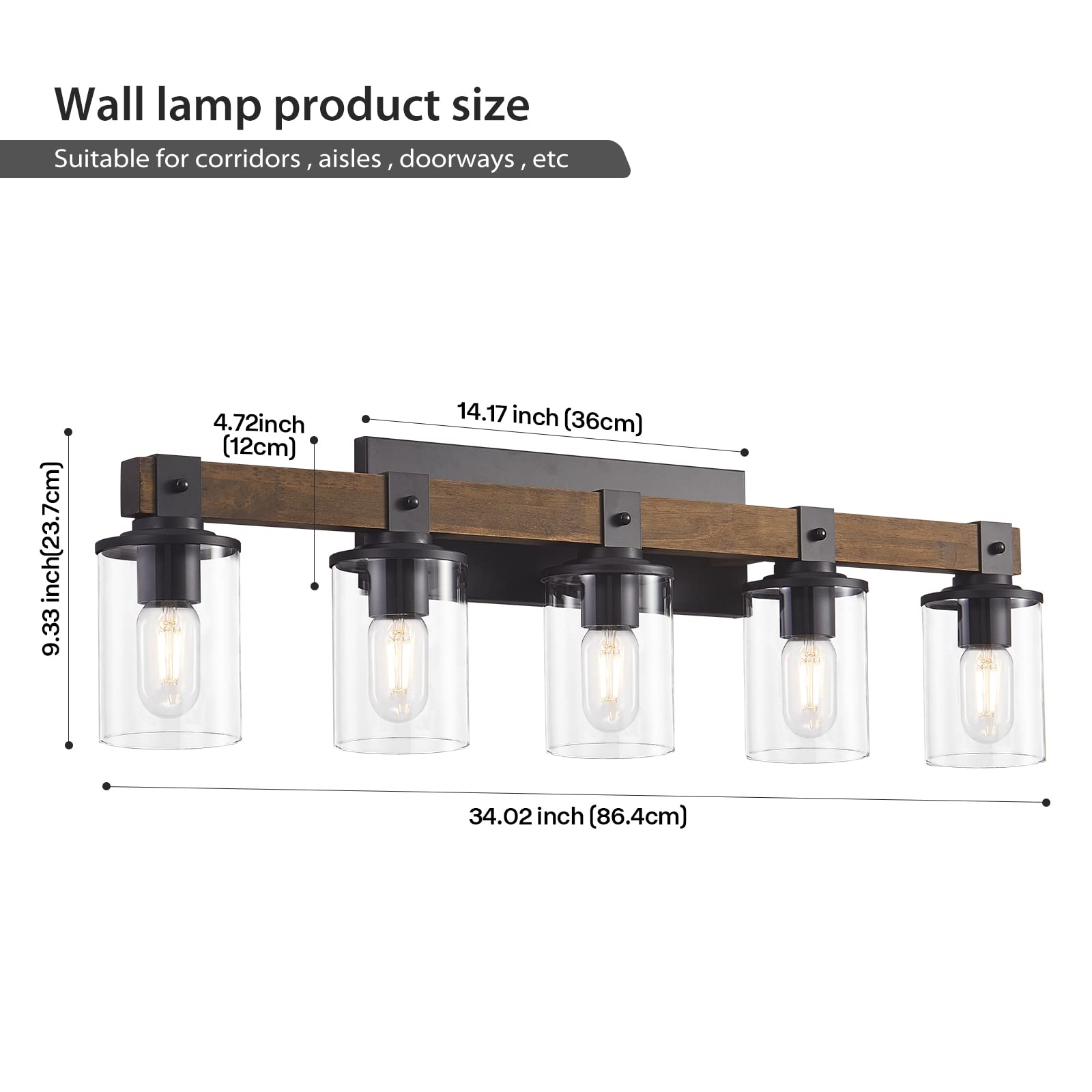 Dadul 5-Light Bathroom Vanity Light, Farmhouse Bathroom Light Fixtures Over Mirror, Classic Wood Vanity Light With Clear Glass Shade, Black Wall Sconce For Bathroom, Bedroom