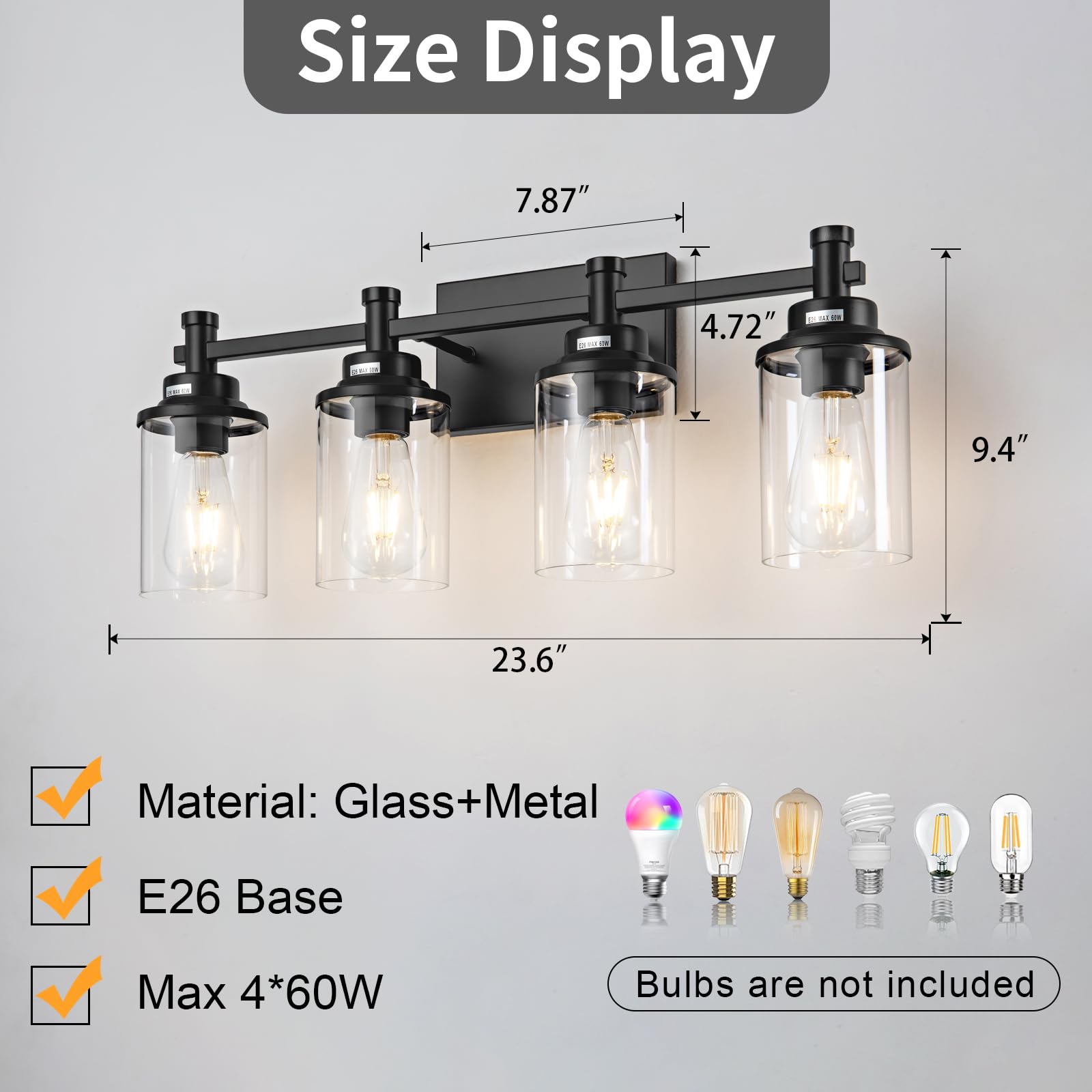 Aixialin 4 Lights Bathroom Light Fixtures, Bathroom Vanity Lights With Clear Glass Shades, Matte Black Bathroom Light Fixtures O