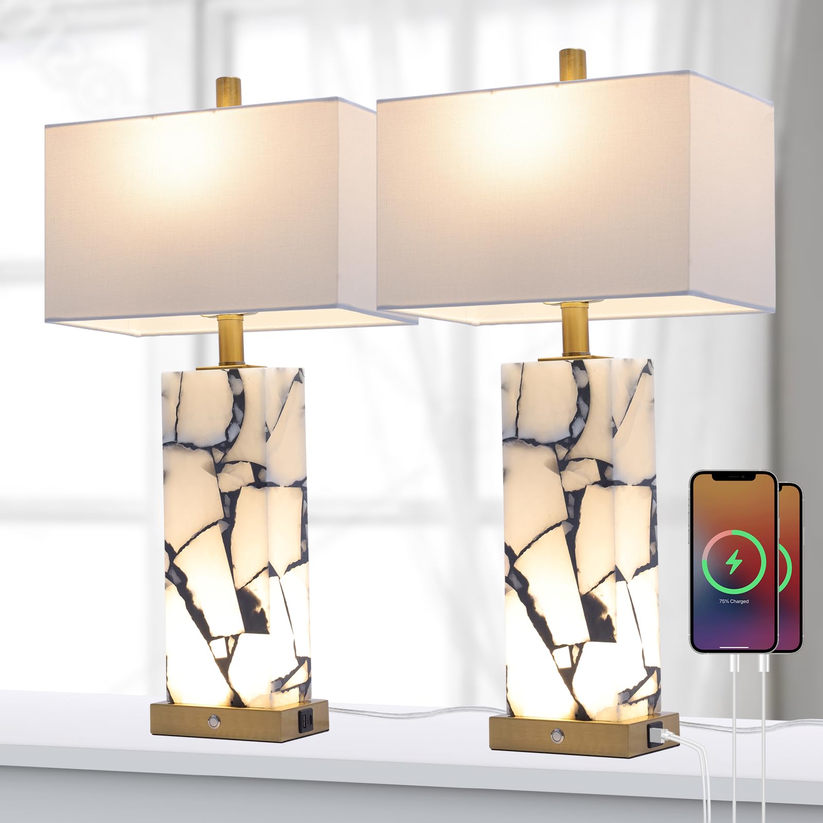 Natural Marble Table Lamps Set of 2: 3-Color Temperatures Alabaster Lamp with Nightlight, Bedside Lamps with USB Ports, Bedroom 